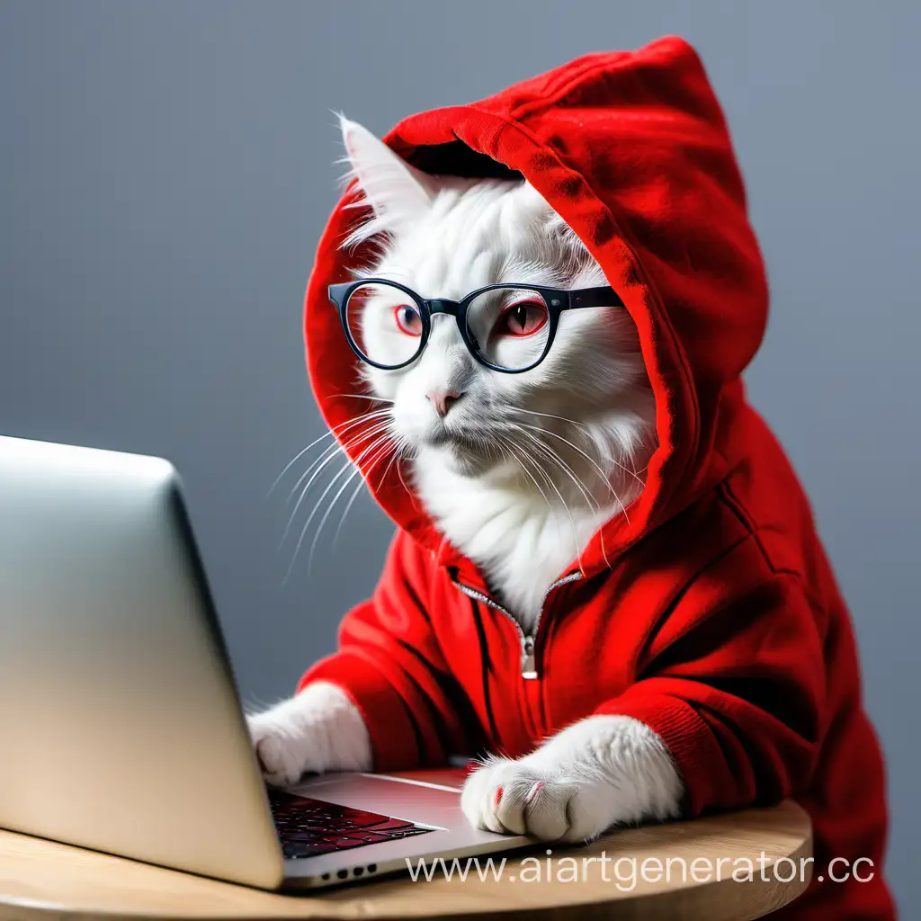 Белый кот в очках для зрения  в красном худи в капюшоне держит в руках ноутбук