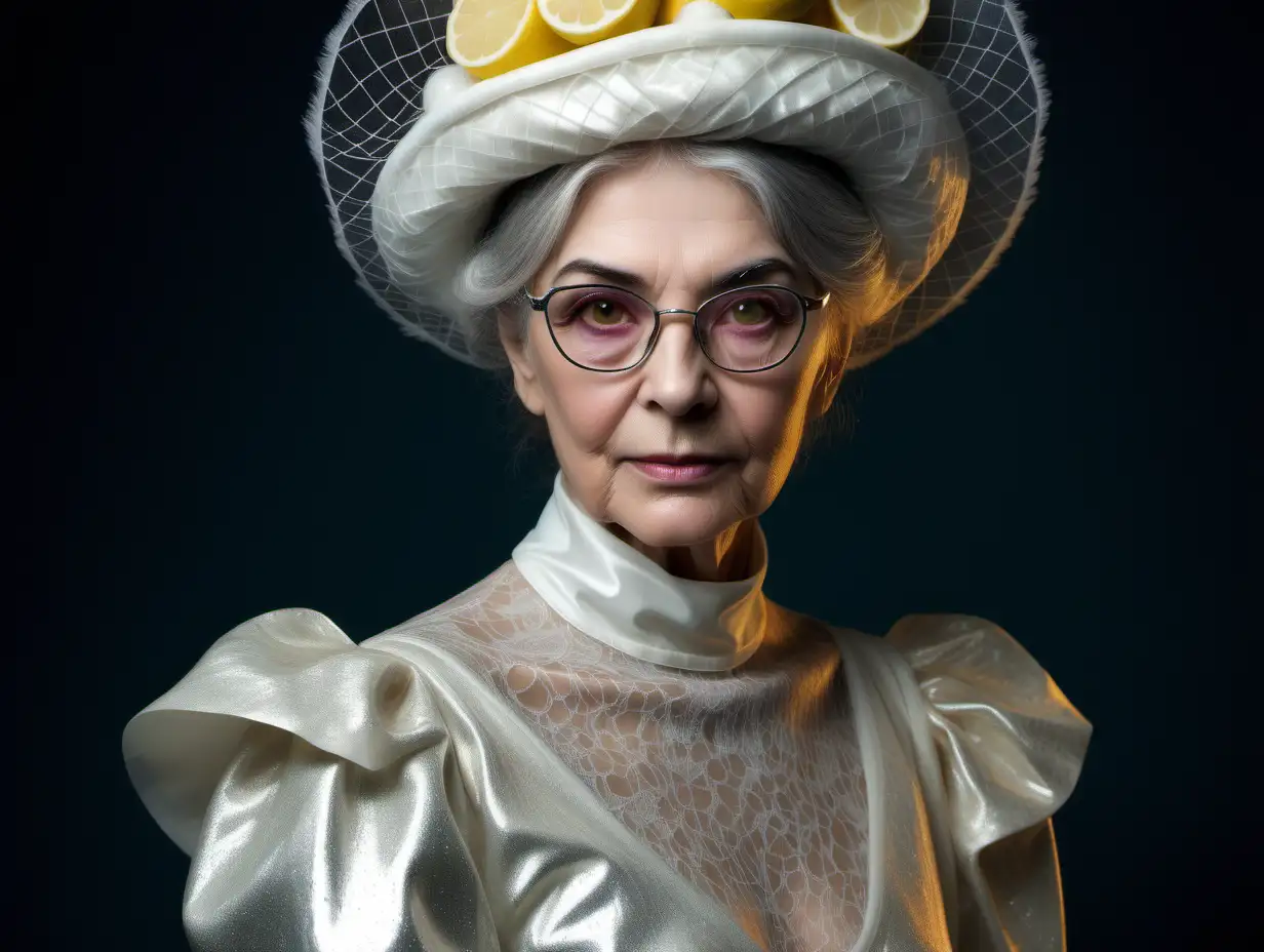 Elegant Elderly Woman in Phosphorescent Dress with Feathered Hat Portrait