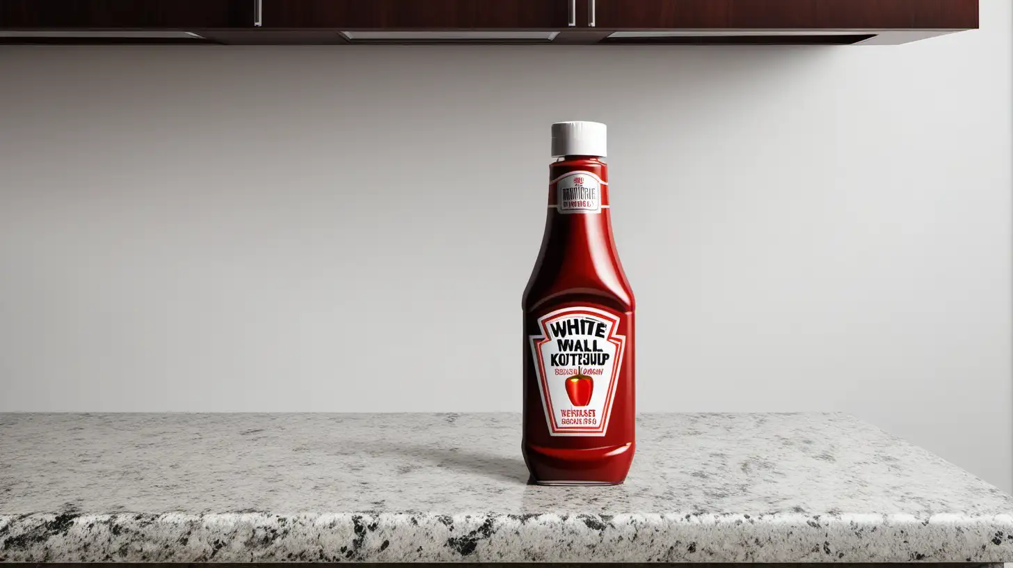 White wall, granite countertop. With bottle of ketchup