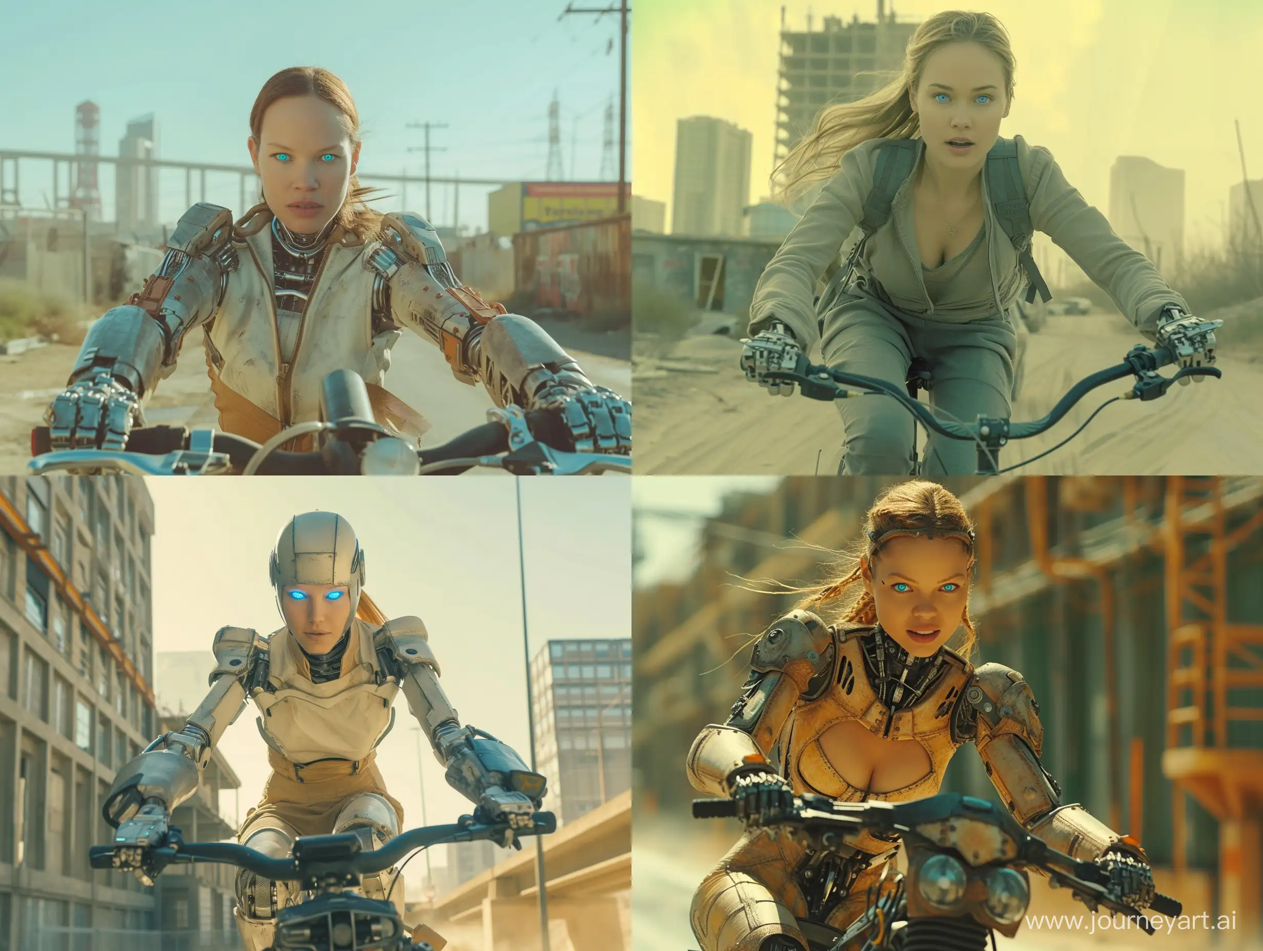 a old 2000s sci fi movie still of a  cyborg woman riding on her bike, nostalgia, they have blue eyes, open area, full body, outside city environment, dystopian,
