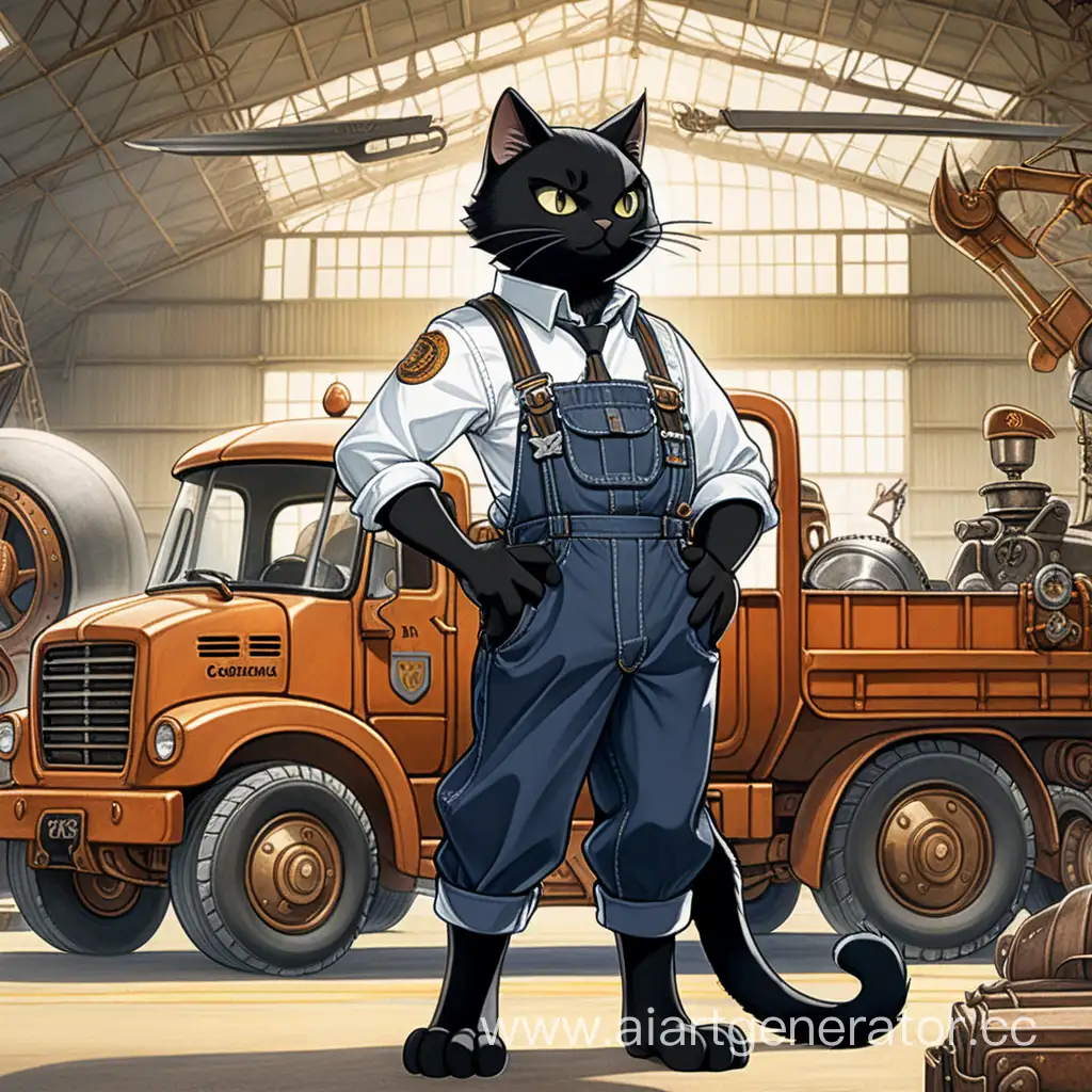 Антропоморфный черный кот, одетый в форму рабочего с комбенизоном и подтяжками, стоящий возле грузовика, все происходит напротив ангара в эпоху стимпанка, все нарисовано в стиле аниме