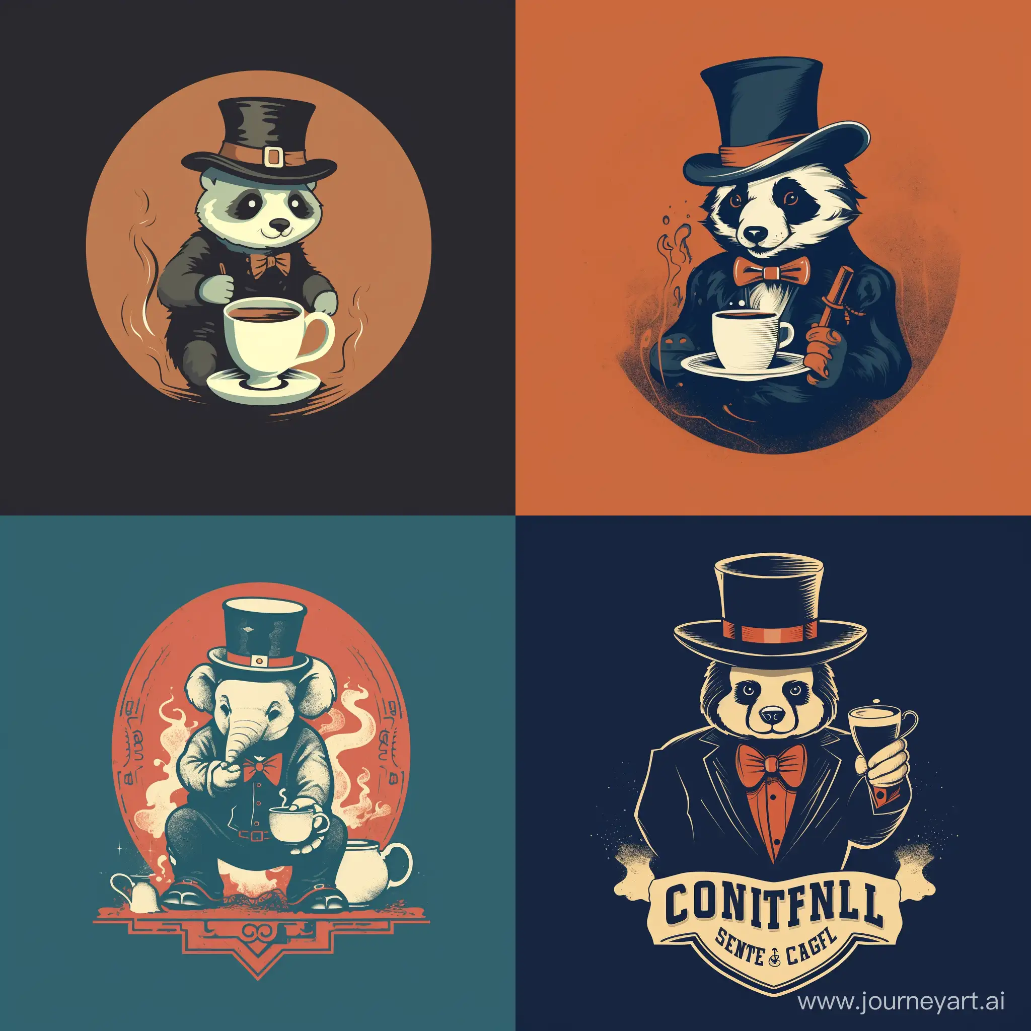 "Stencil-based minimalistic illustration in vertical A1 aspect ratio with a vintage color palette. A stylized panda wearing a classic top hat stands prominently, using sharp edges. The panda holds a steaming cup of coffee, emphasizing consumerism. The design integrates dark humor without any textured backdrop. A D.Sc (tech.) emblem is subtly incorporated, resembling a stencil, hinting at the challenges of academia. The monochromatic palette is broken with bursts of color for emphasis."