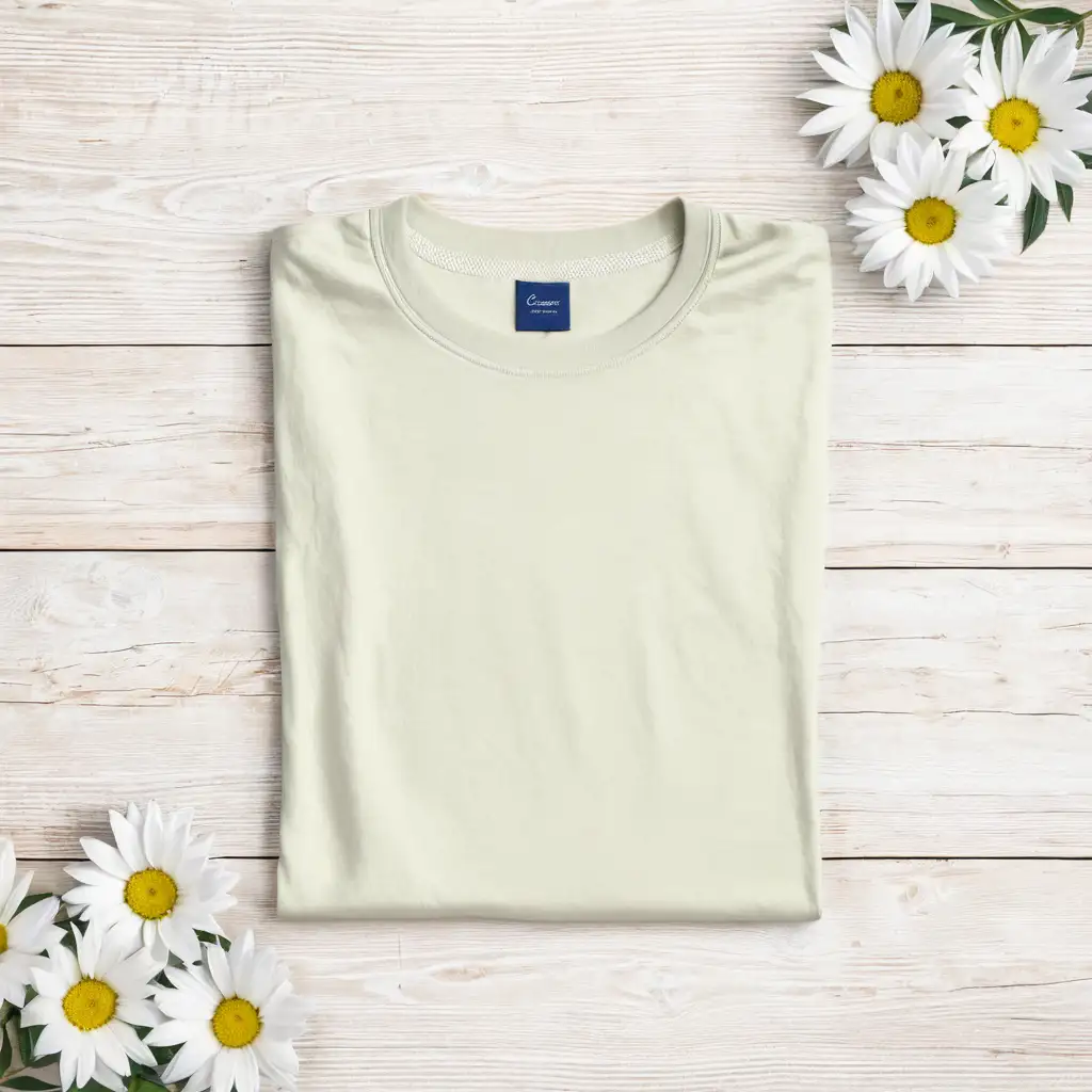 flatlay mockup of comfort colors t-shirt on wood background with flowers, clear double stiches on neckline, realistic cloth texture