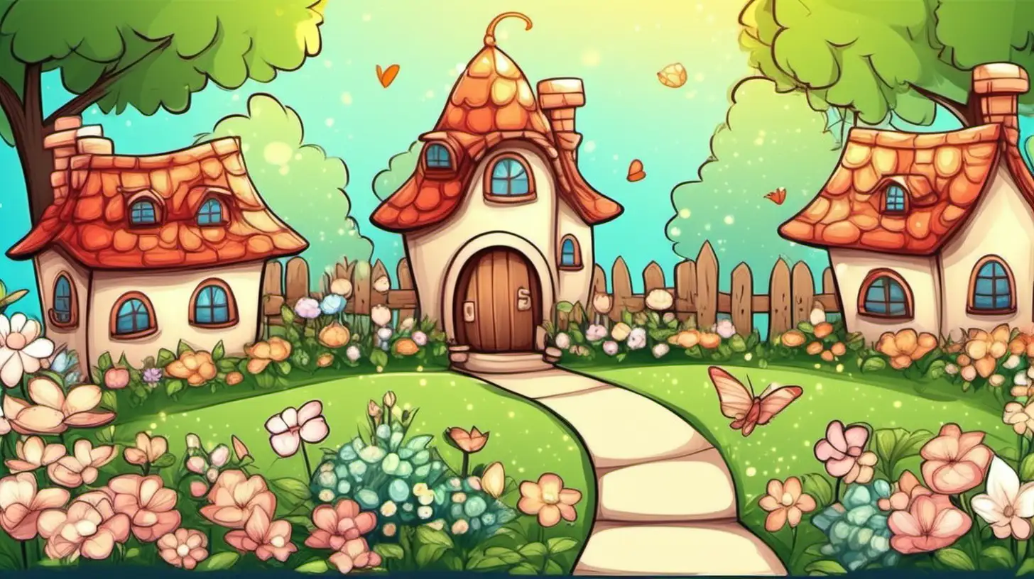 in cute cartoon chibi style, a beautiful fairytale garden, vector, lots of flowers 