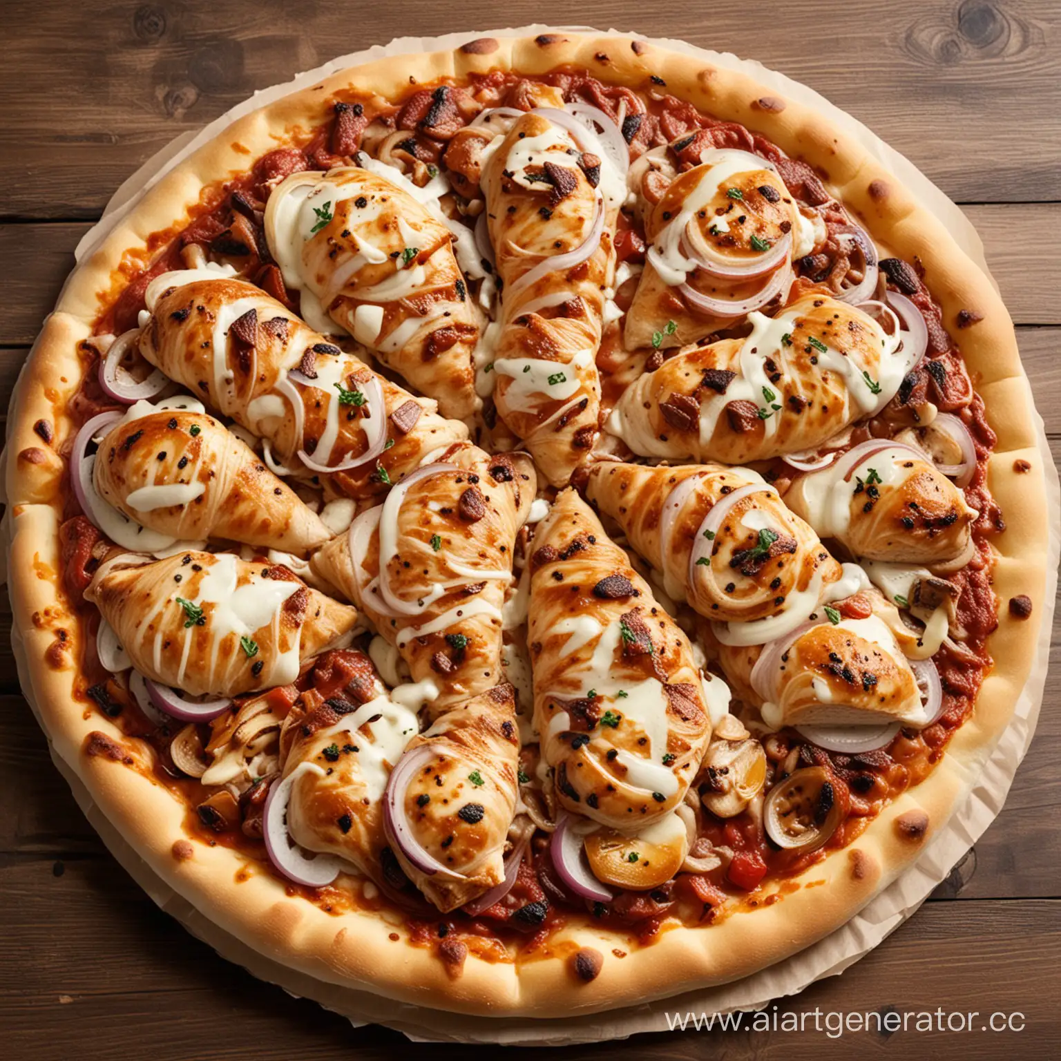 PIZZA BARBECUE consisting of: Grilled chicken, mozzarella cheese, onion, tomato sauce, barbecue, yeast dough (33 cm)