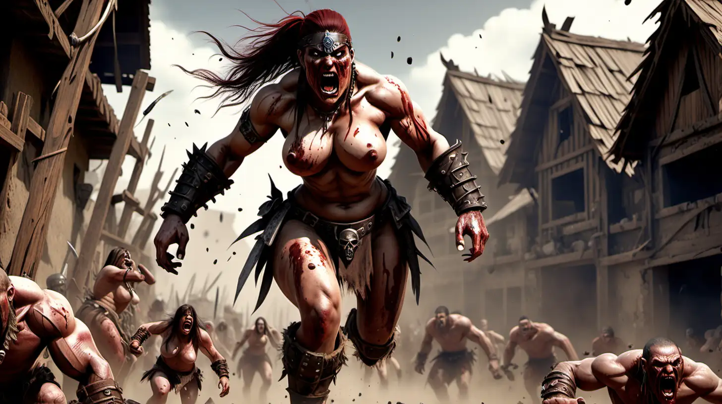 giant female raider, naked, muscular, raiding village, crushing people, rampage, injured, bloody, dust, warcry