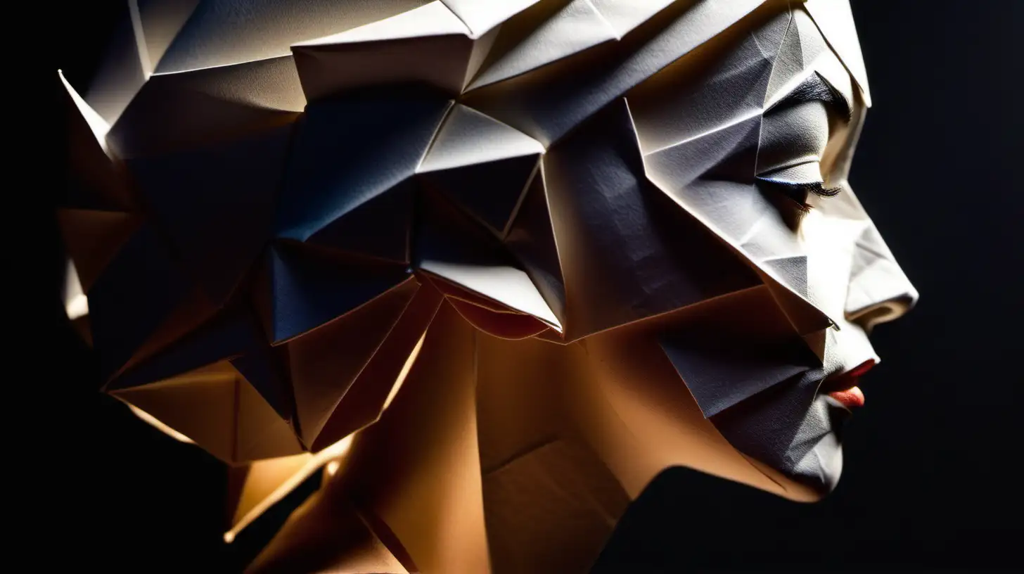 Dramatic Origami Profile Closeup of Womans Face in Artistic Lighting