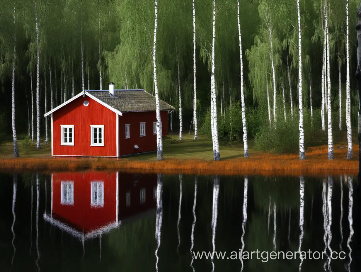 Швеция , дом красного цвета на берегу озера, лес лодка на берегу, берёзы, вода в озере синия 