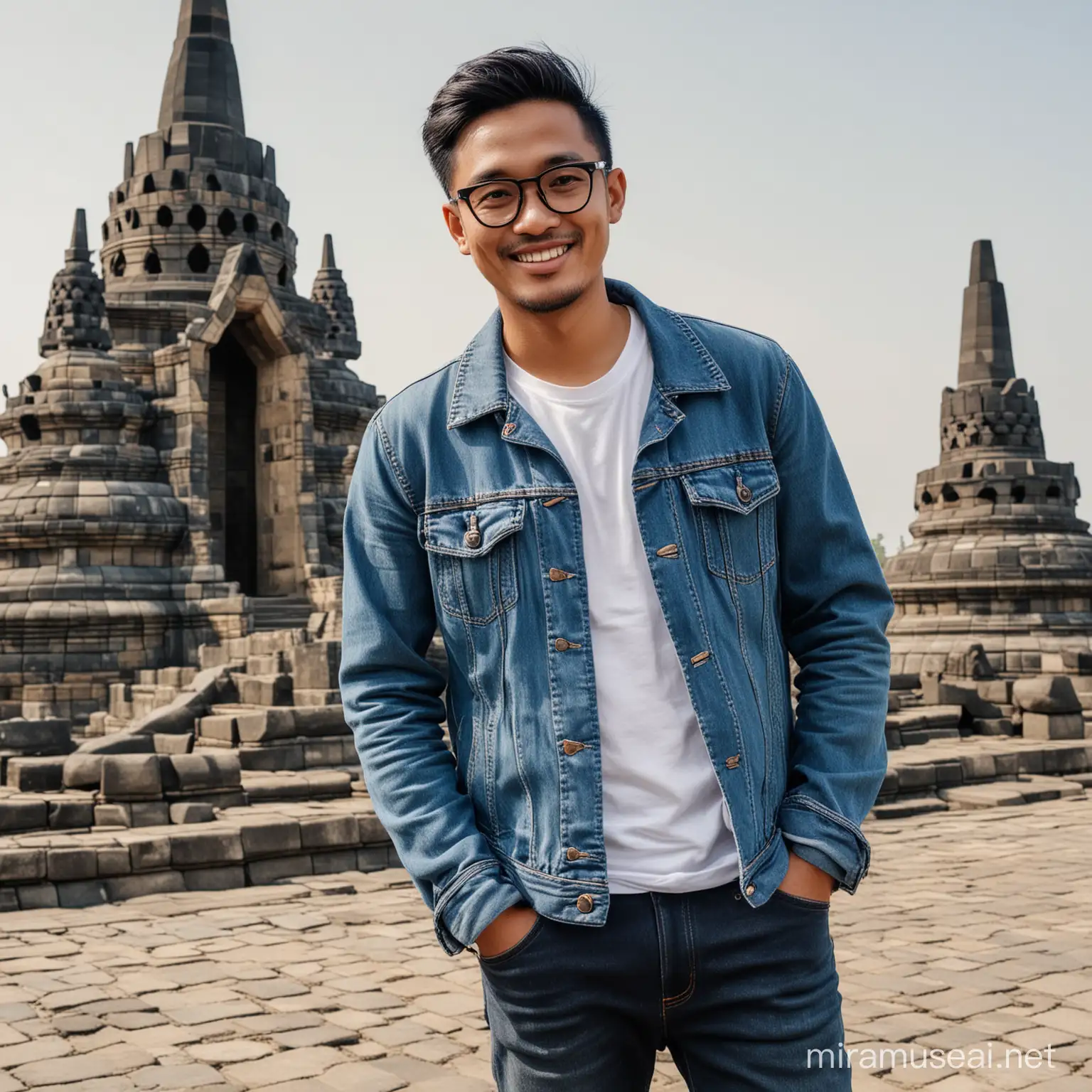 Buat gambar realistis seorang pria Indonesia berusia sekitar 30 tahun, pakai kacamata hitam, berdiri memakai kaos putih jaket jeans,  memakai jeans biru tua, sepatu sneaker warna merah (view long shot). Pria tersebut tersenyum sambil memegang kamera Nikon besar dengan lensa panjang. Latar belakang Candi Borobudur