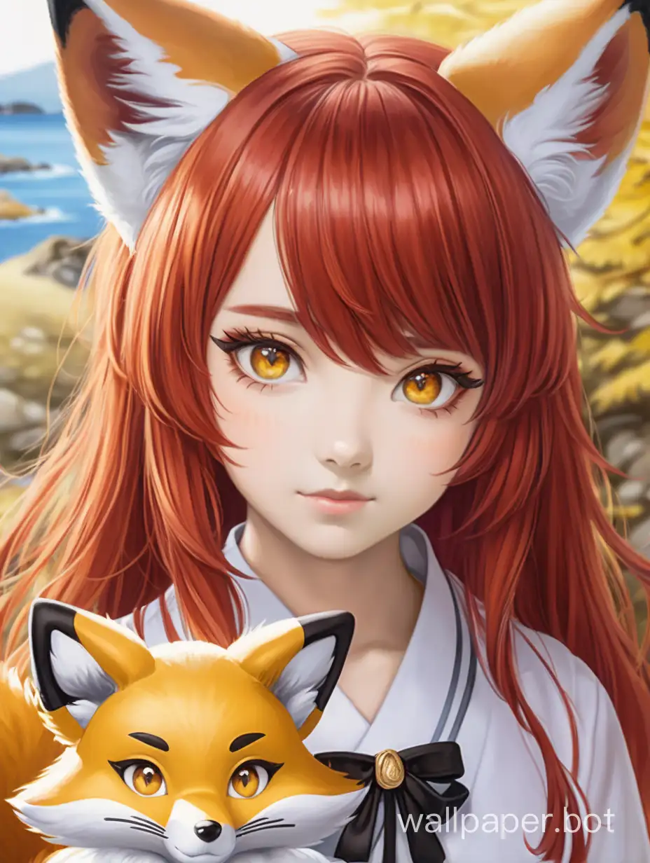 Девушка рыжая, в образе лисы с ушками. Цвет глаз жёлтый. Рядом подпись, ZUJIMA 