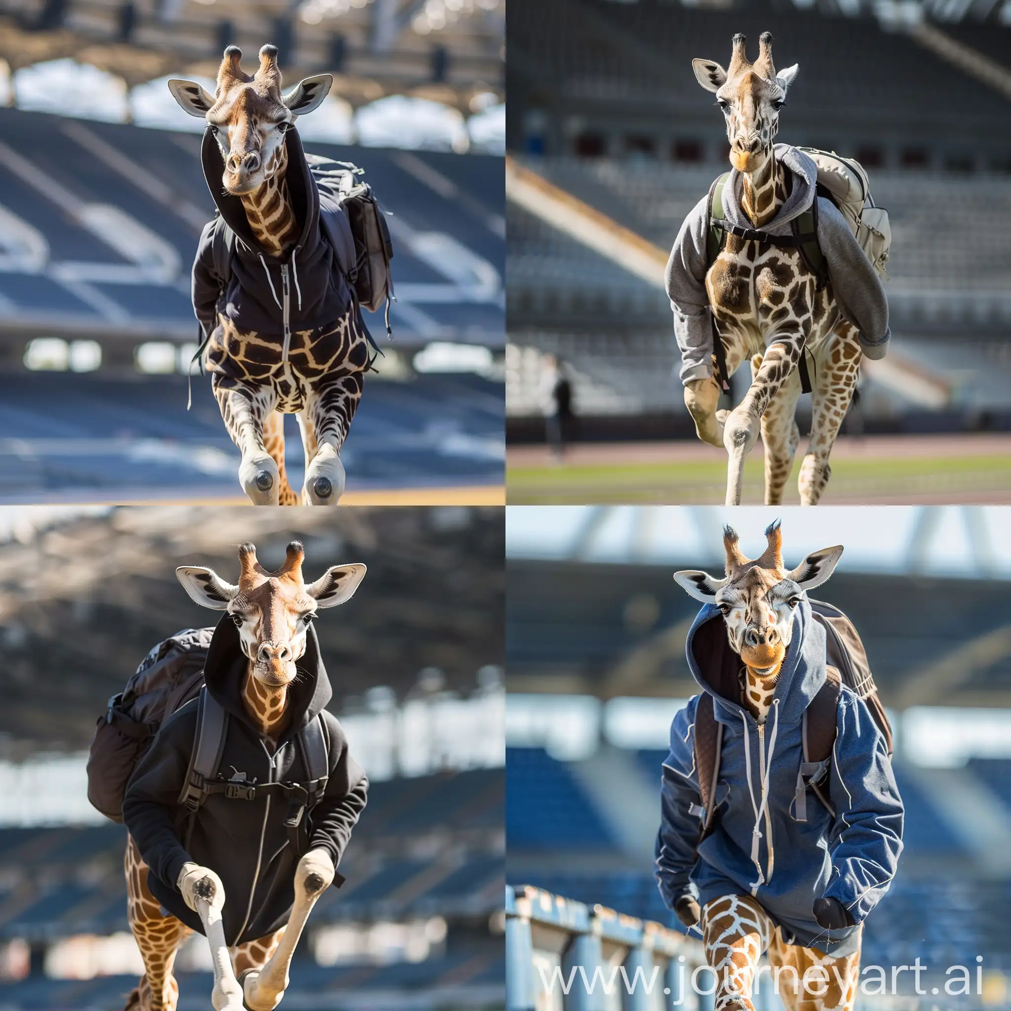 жираф в спортивной форме бежит с капишоном на голове с рюкзаком бежит на стадионе