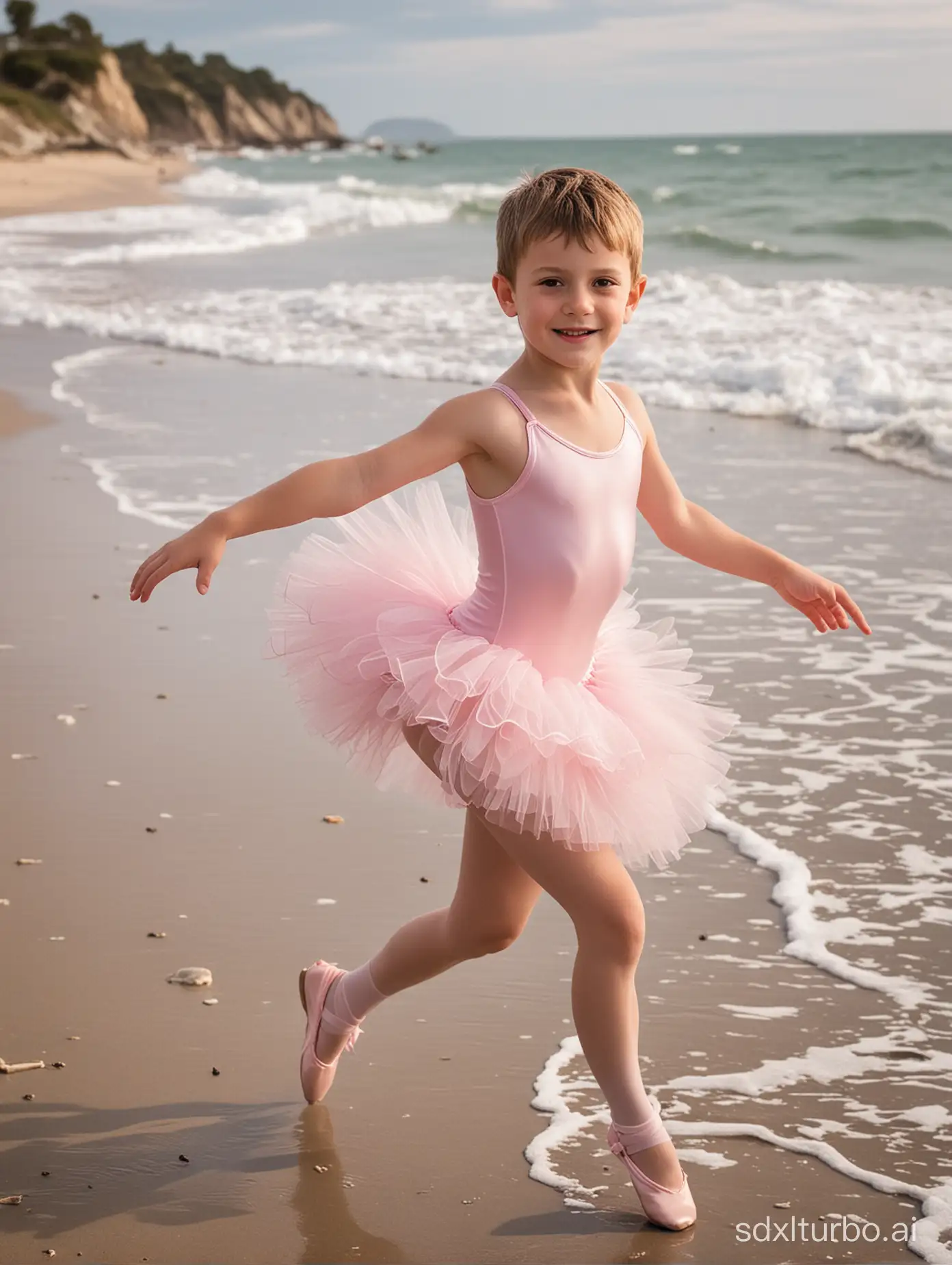 A short-haired 8-year-old boy running along a beach shoreline in a silky pink ballerina leotard and frilly tutu, the photograph is captioned “When Kevin gets a day off school, be like…”
