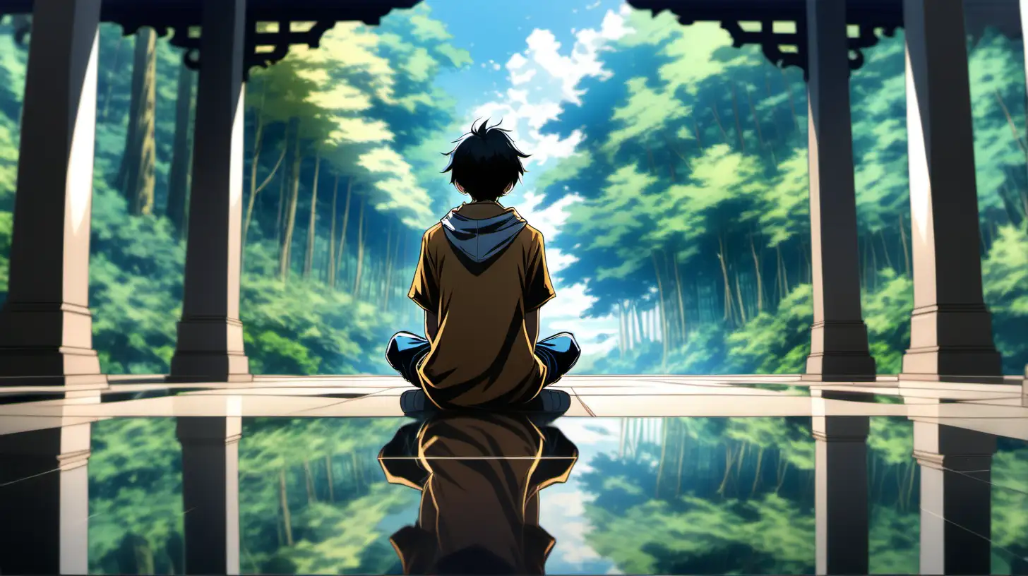 The back perspective of a young teen sitting by himself on a reflective floor in a temple that overlooks a forest, anime style