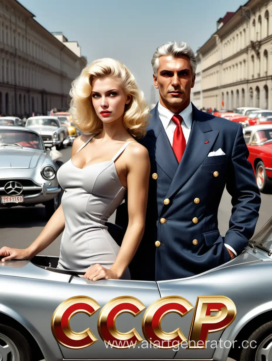 A pumped-up guy, European, in a classic suit, surrounded by gold and cars, next to a beautiful blonde with silver hair, and the inscription on top: "CCCP"