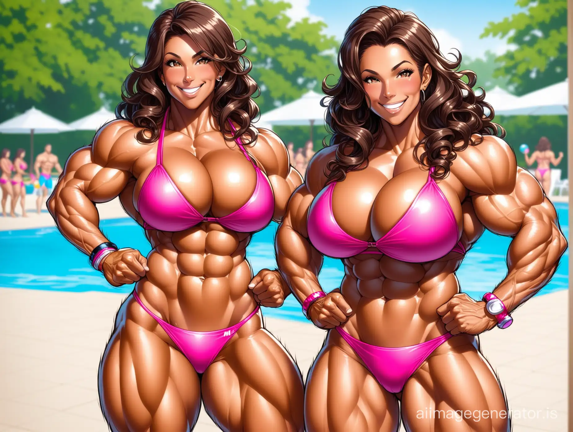 muscle female babe calves abs delts ((tanned skin)) wear tight pink bikini thick legs thick muscles thick arms big boobs crazy smile ((extremely ripped body)) long curly brown hair milf pool party

