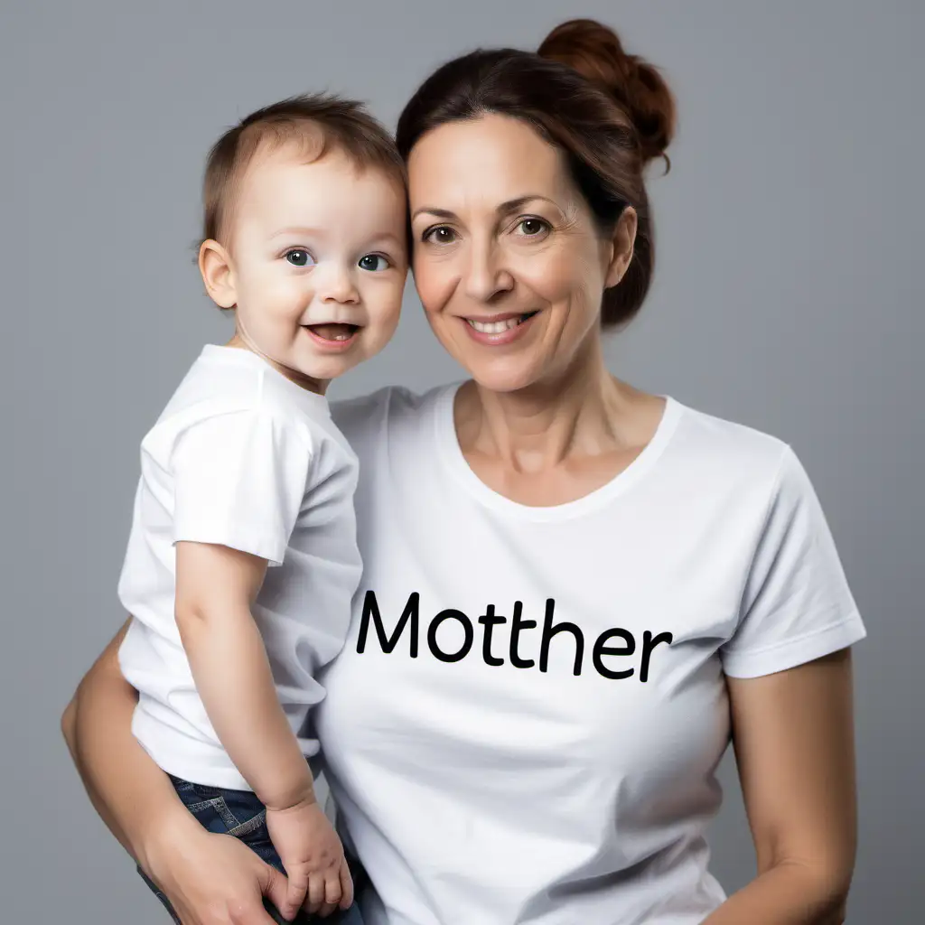 Create a real photo of a mother wearing a white tshirt
