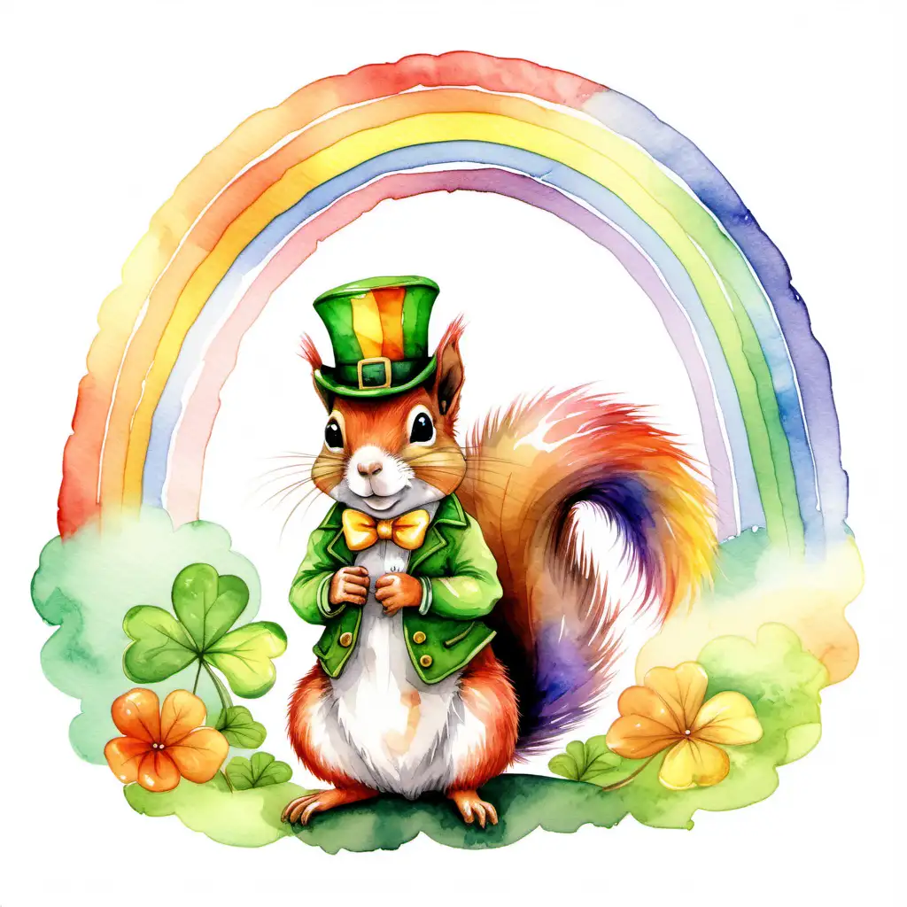watercolor style, a leprechaun squirrel  in front of a rainbow on a white background.