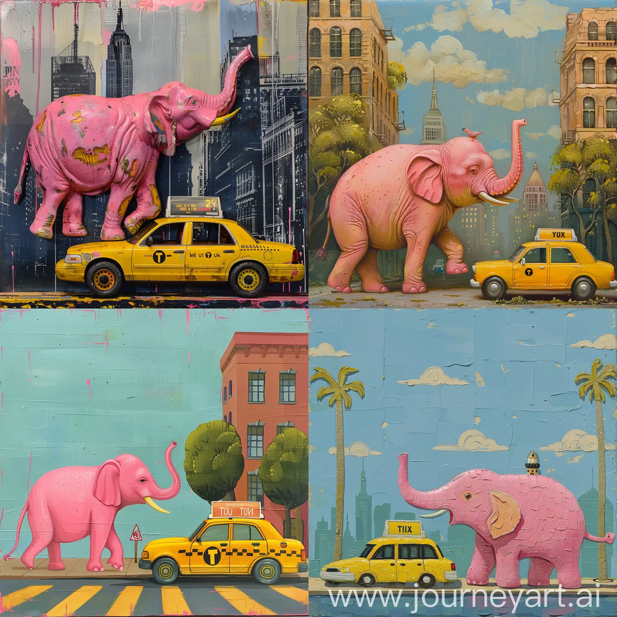 Vibrant-Pink-Elephant-and-Yellow-Taxi-Encounter