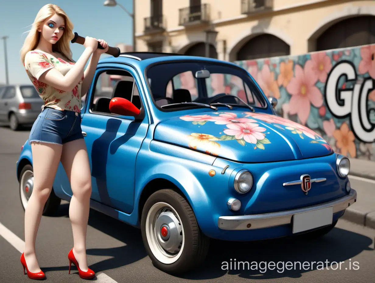 Woman-Smashing-Vintage-Fiat-500-Car-with-Hammer-in-Floral-Outfit