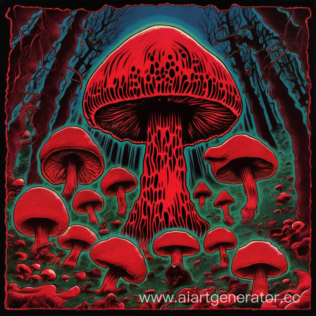 70's dark psychedelic slasher album cover of bloody mushroom