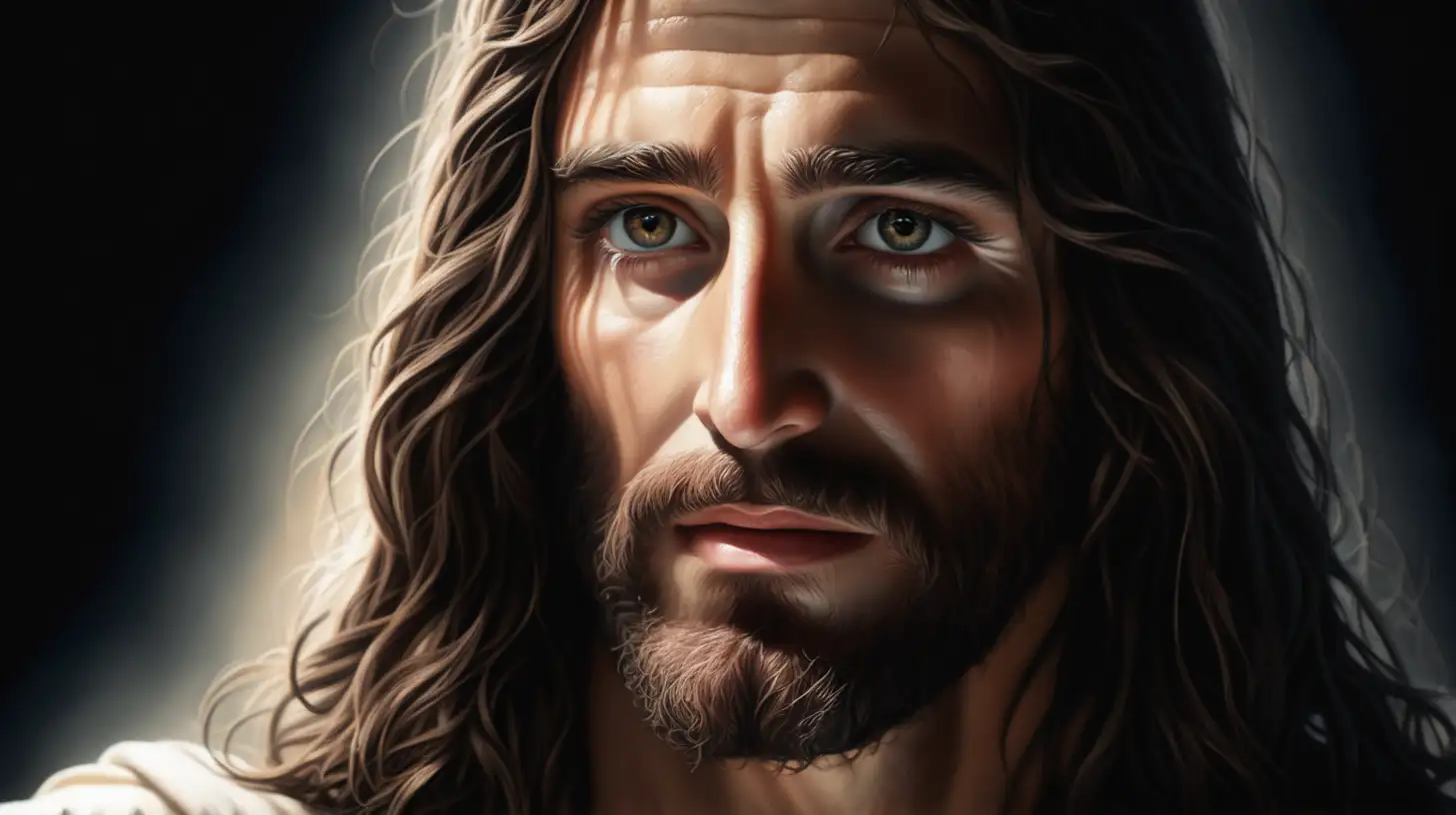 Closeup Portrait of Jesus Christ Against Dark Background