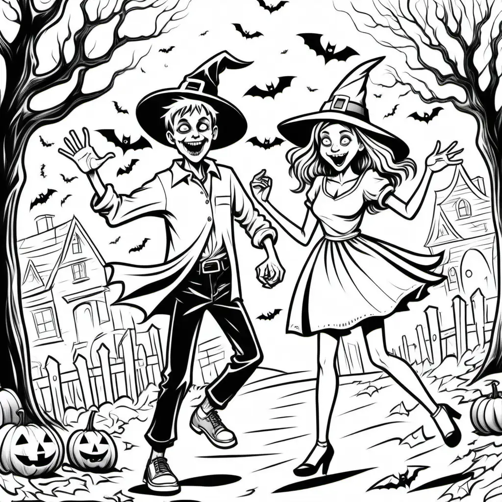 simple black and white halloween coloring book picture of happy life like teenager girl and teenager boy in witch and zombie costumes dancing
