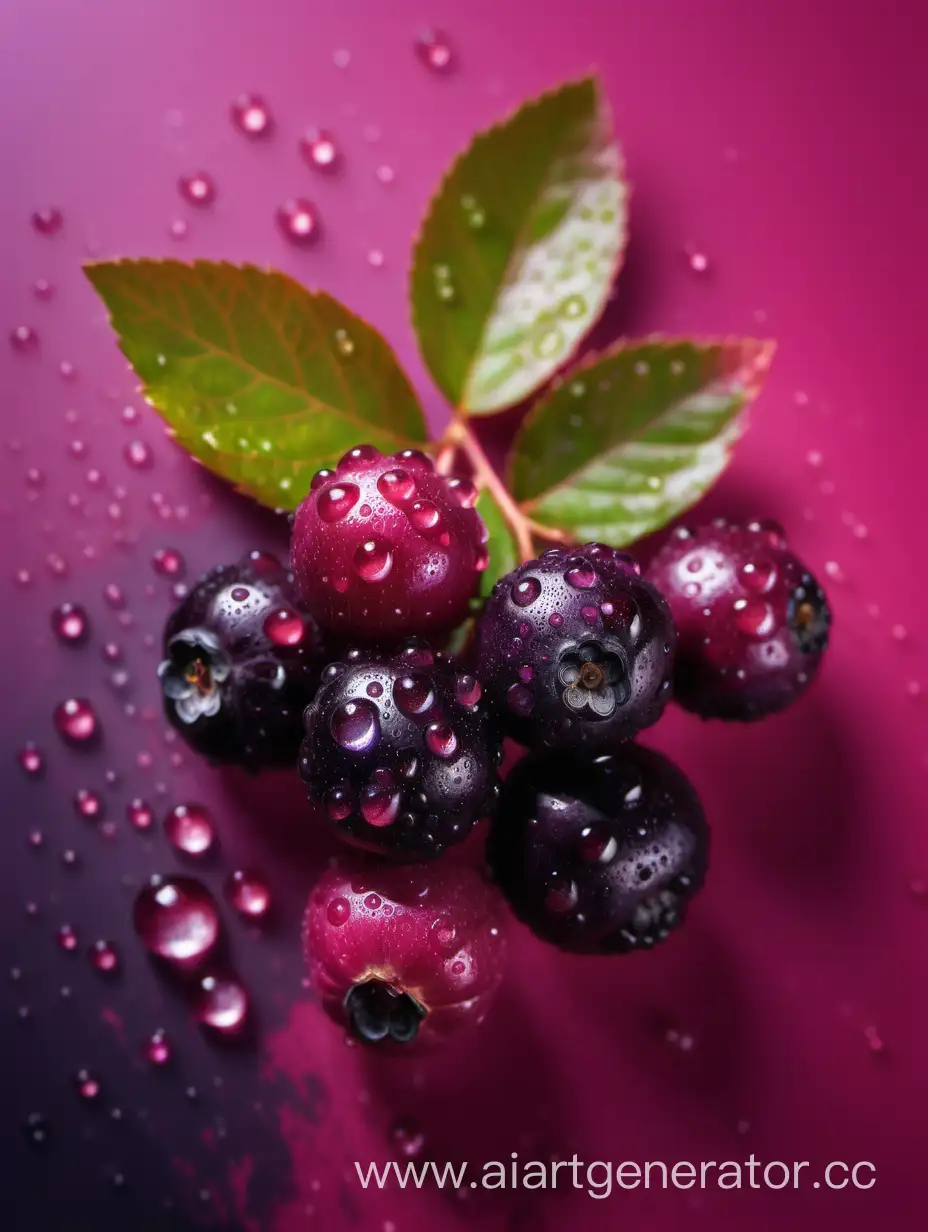 Vibrant-Aronia-Berries-on-Dark-Pink-Background-with-Water-Drops