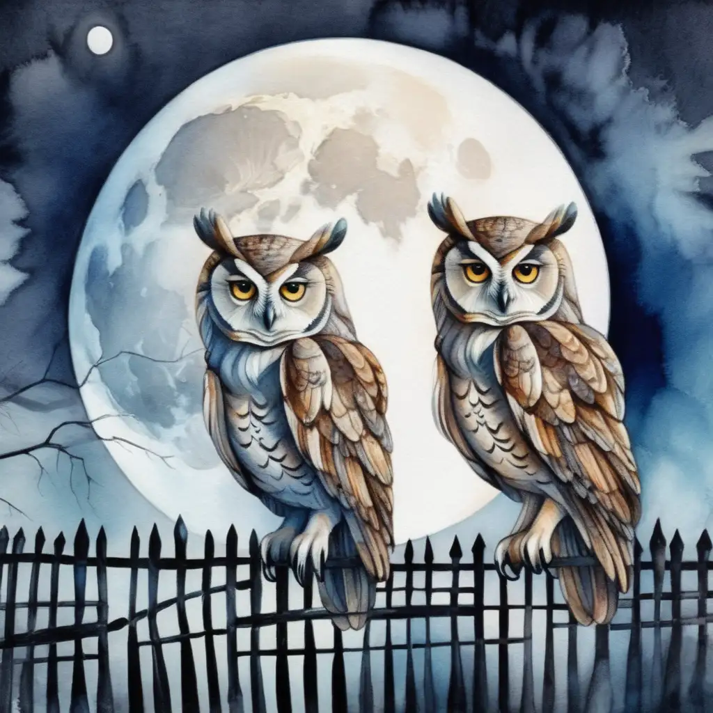 abstract loose spooky water color pale design of lonely two owls by moon light sitting on a fence