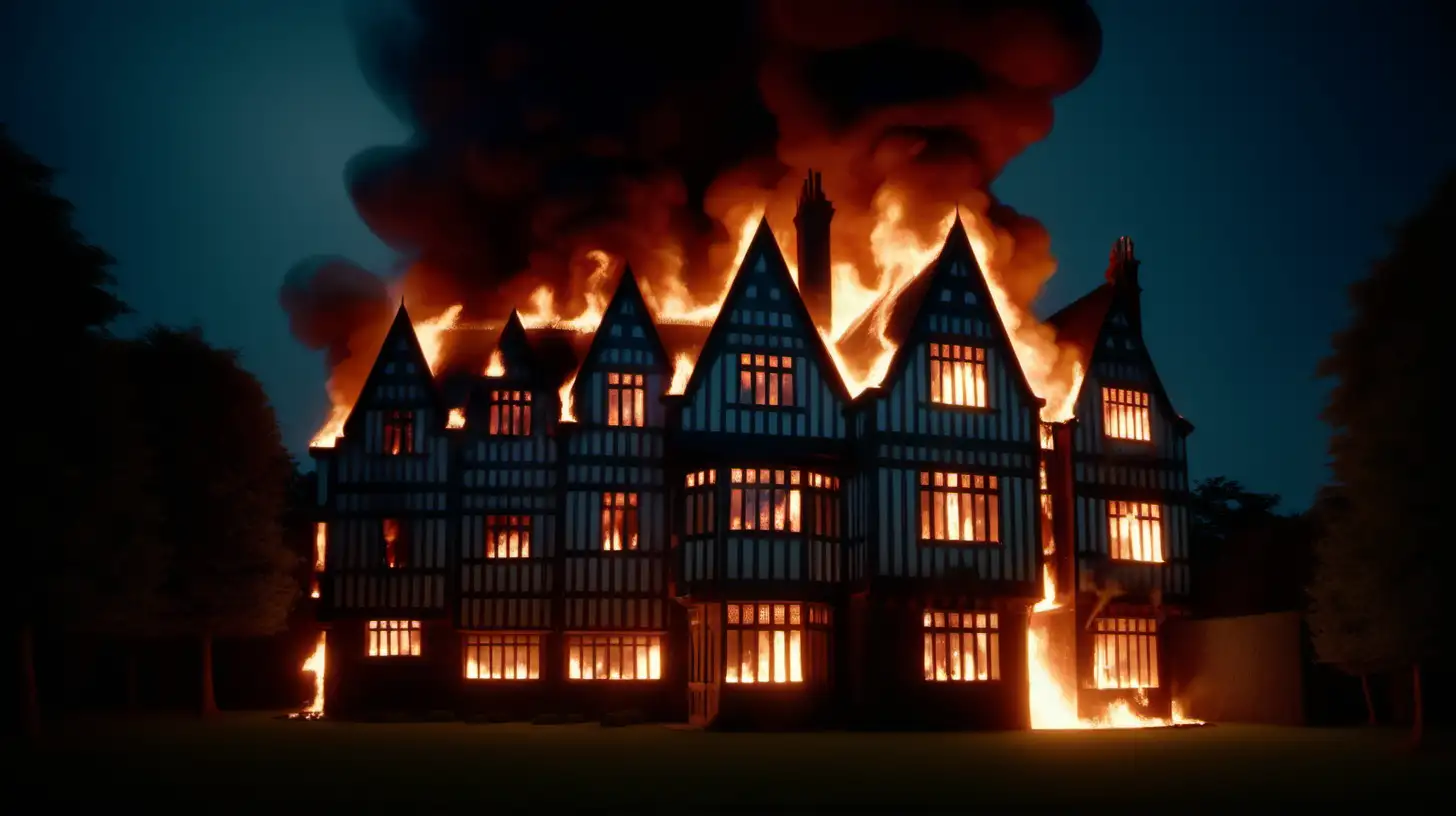 Futuristic English Tudor Mansion Engulfed in Flames Nighttime Inferno