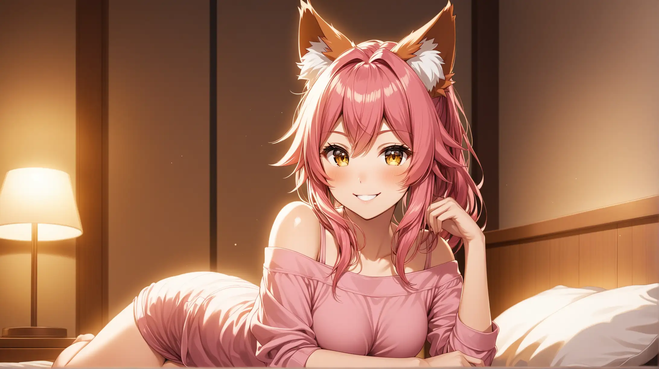Draw the character Tamamo no Mae, pink hair, gold eyes, high quality, ambient lighting, long shot, indoors, in a seductive pose, off shoulder top, casual clothing, blushing, smiling at the viewer