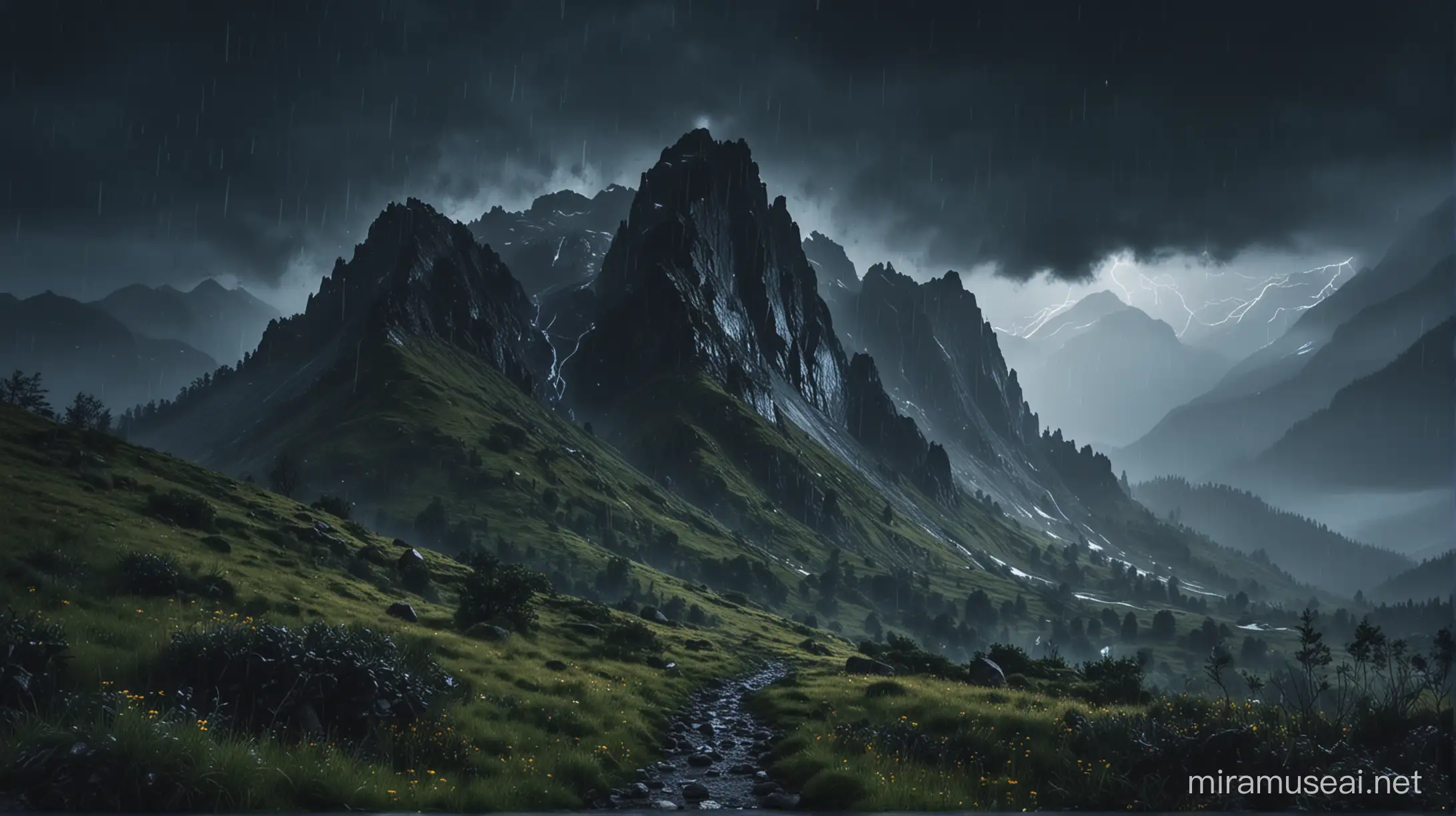 Rainy Midnight in the Mountains Serene 8K Nature Scene