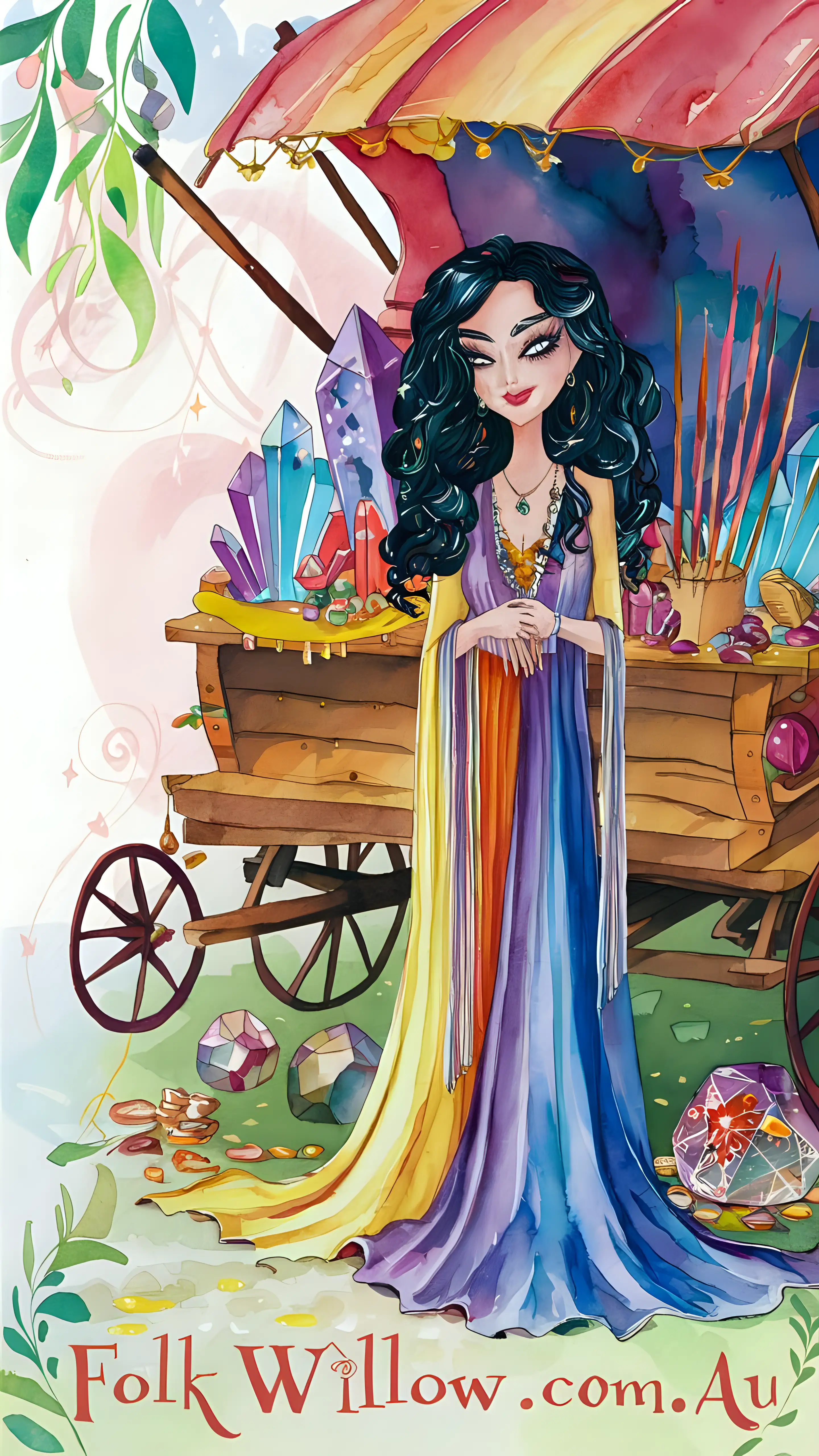 DarkHaired Woman Selling Crystals and Incense in Pastel Watercolor Gypsy Wagon Scene FolkWillowcomau