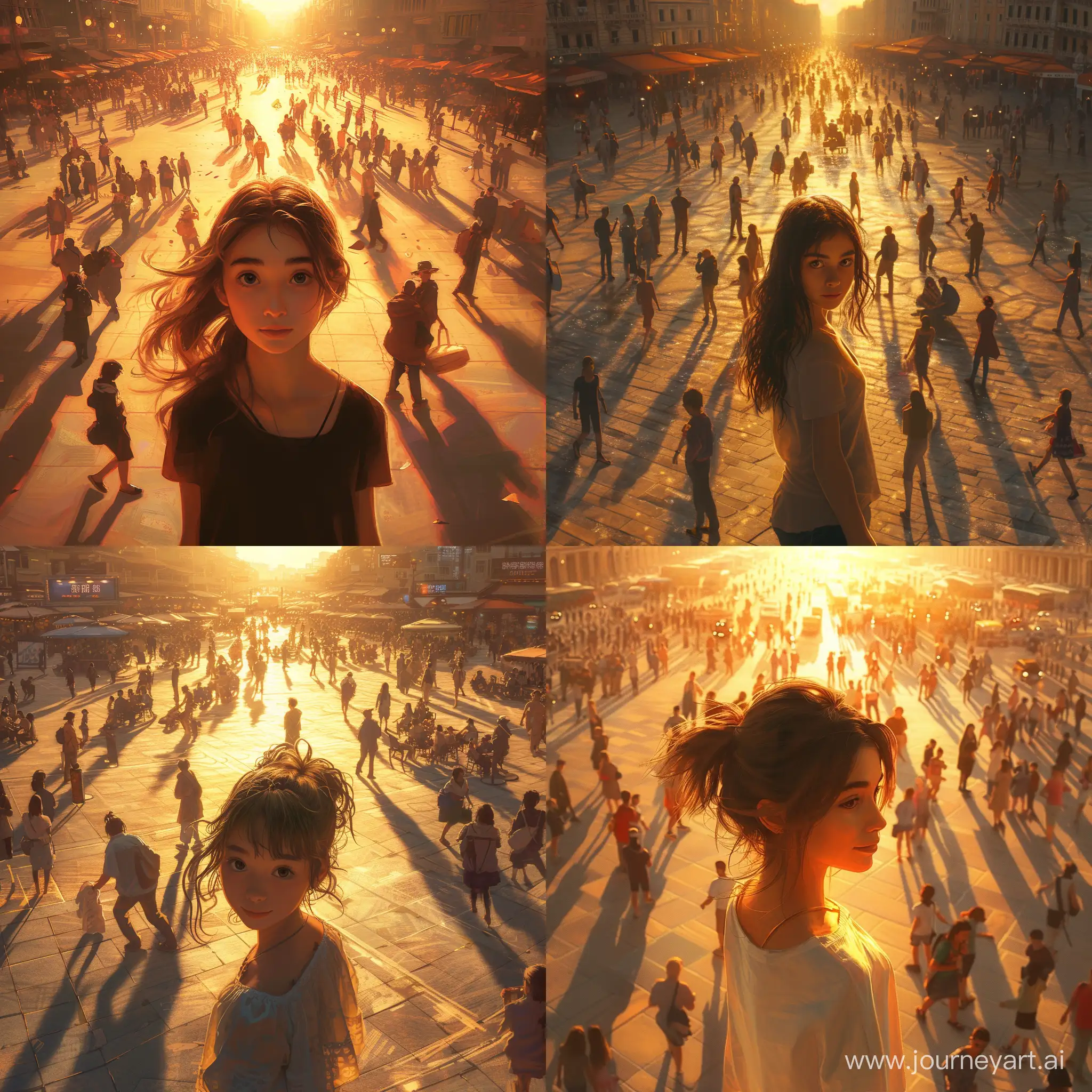  Create a lifelike depiction of a girl with contemporary hair standing in the midst of a busy square flooded with golden-hour light. The square is filled with diverse people engaging in various activities, and the warm glow of the setting sun enhances the lively urban scene.