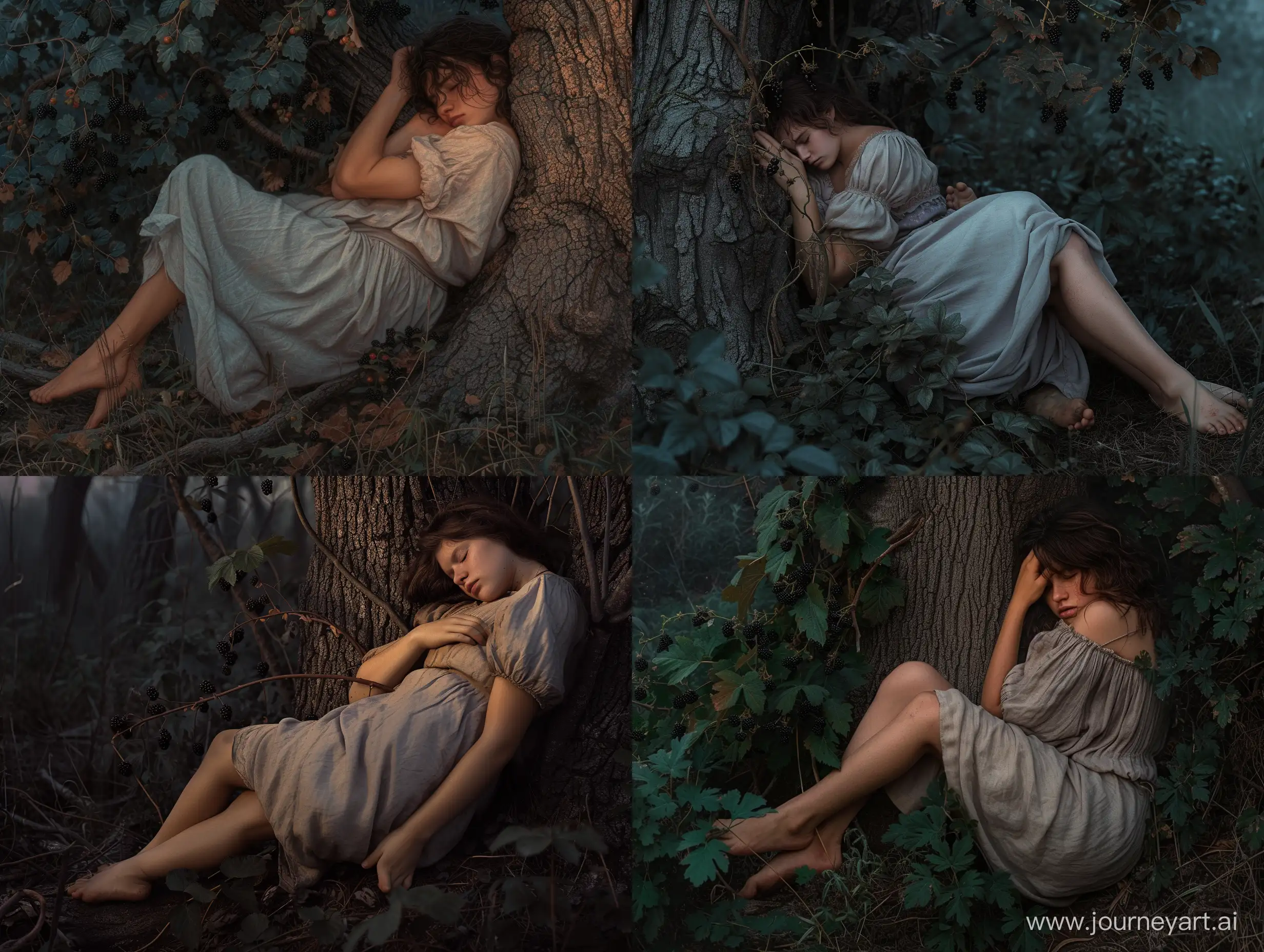 Frau, schlafend mit dem Rücken an einen Baumstamm gelehnt im Wald, Zwielicht im Morgengrauen. Es gibt Brombeerranken im Unterholz. Sie trägt schlichte Kleidung und hat nackte Füße und dunkelbraue Haare. Die Athmosphäre ist düster. Fotorealistisch.
