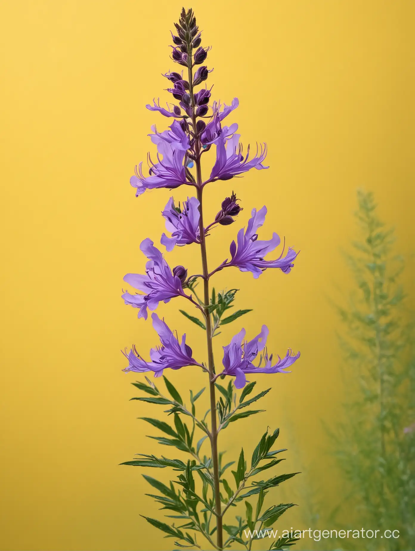 Fireweed wild blue flower on yellow background