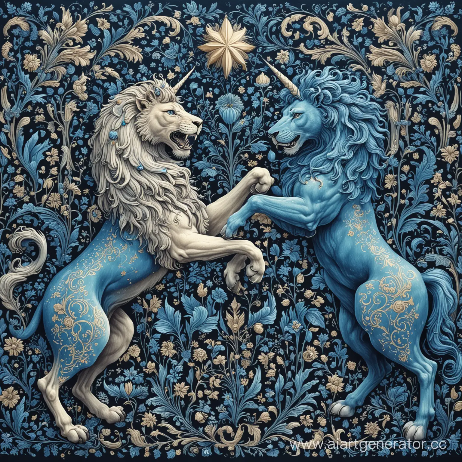 Лев против единорога, синие оттенки, русский стиль

