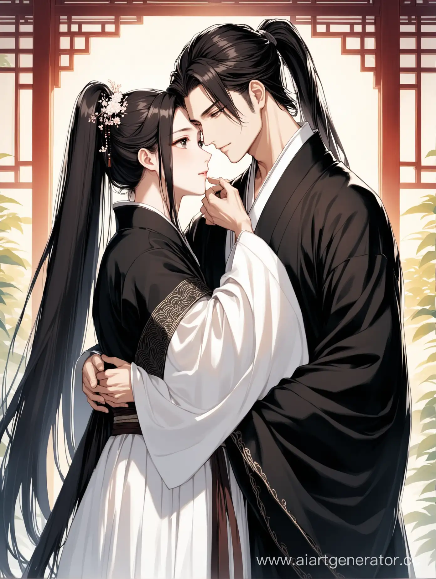 Two graceful men, in white hanfu and black hanfu, noble appearance, beautiful eyes, high ponytail, with long dark hair, looked each other, hug each other 