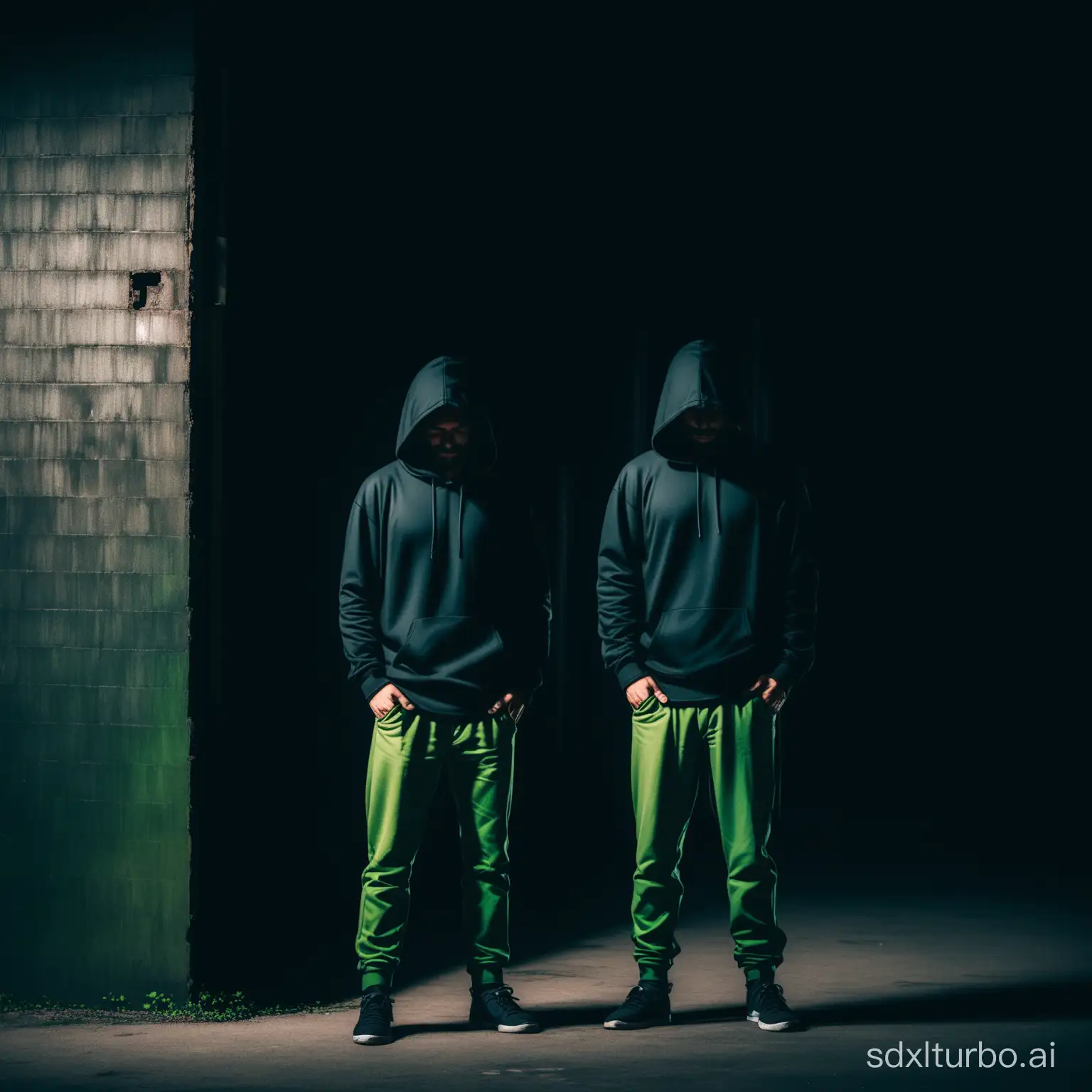 two man standing in the dark, near an old factory. They don't look in the camera. They try to hide their faces. One is dressed in a black hoody, the other one is wearing green pants.