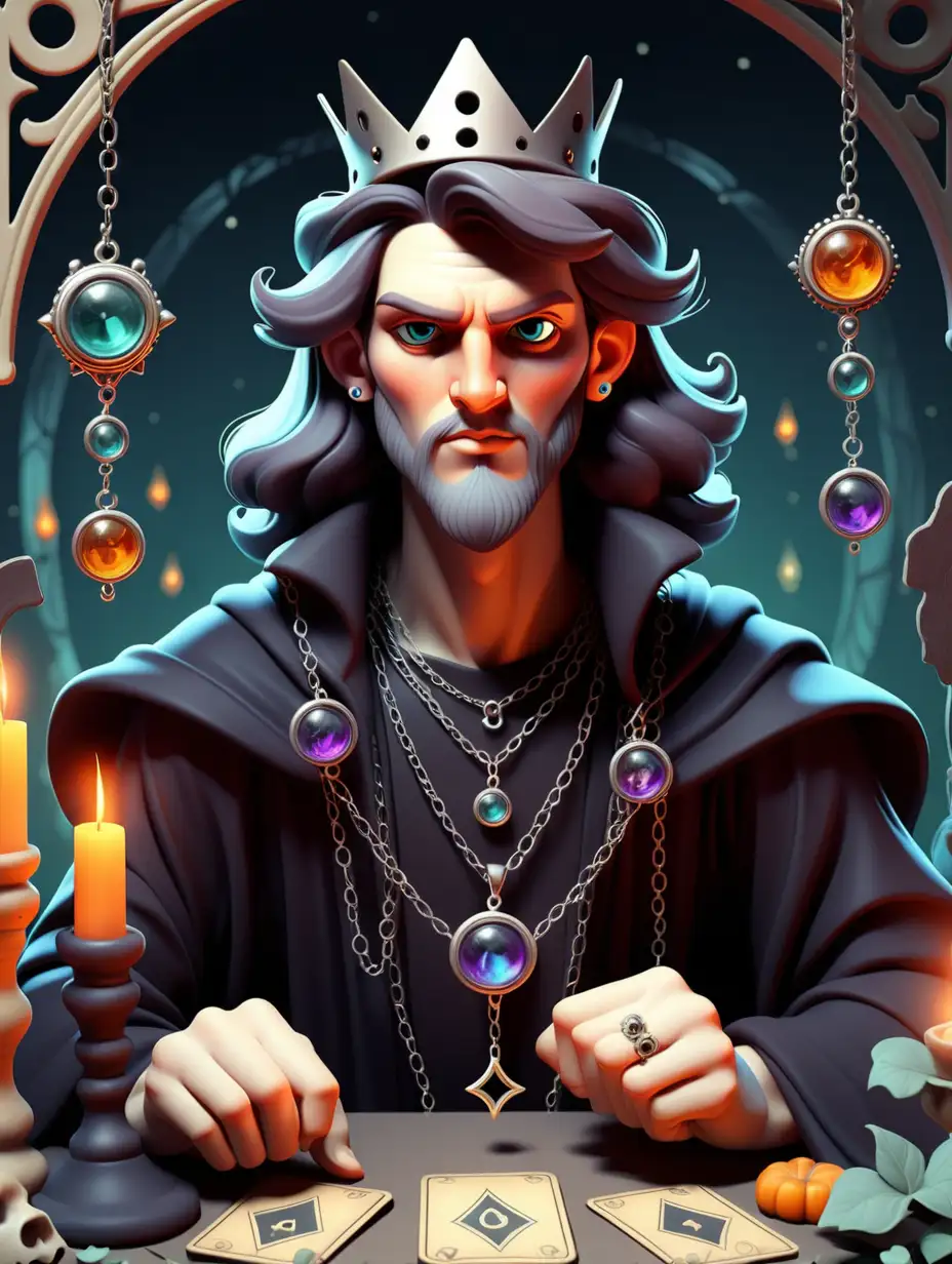 cute male witch mystical background,king wearing a pendant tarot 
