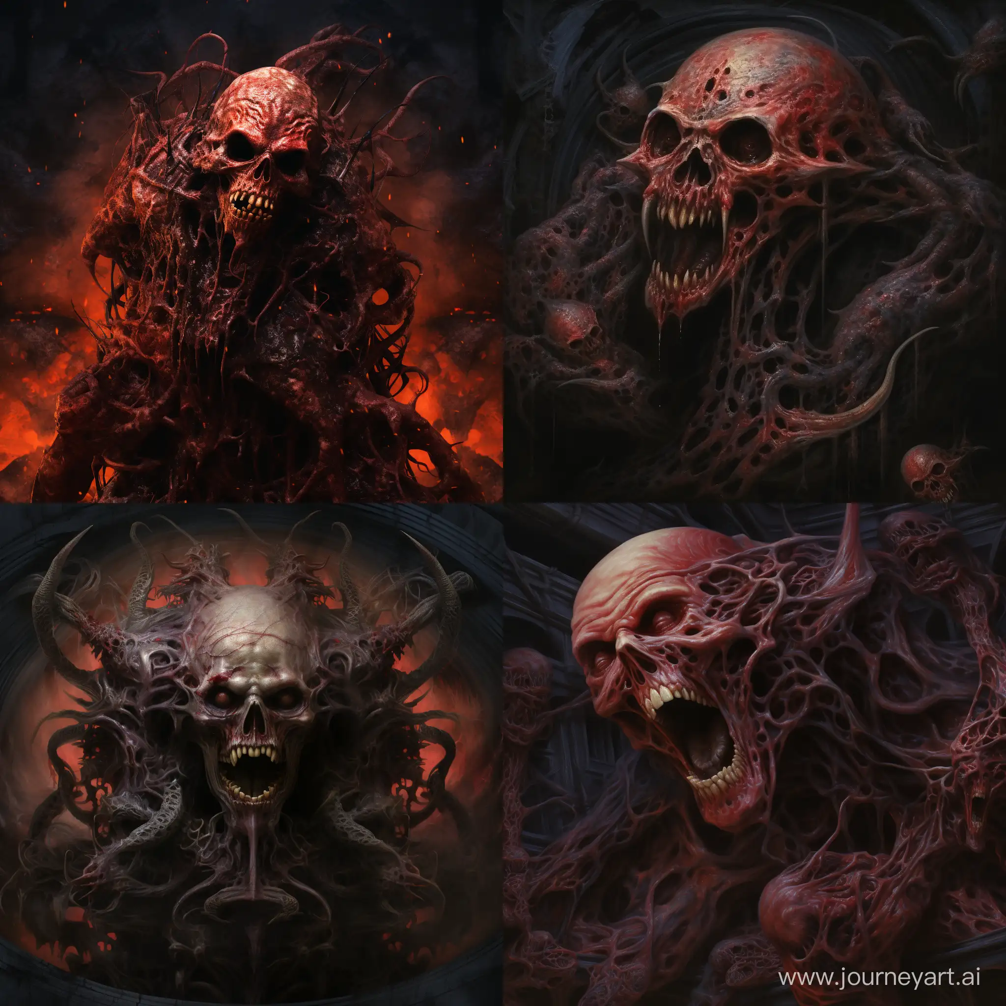  Full body  scene Dark expressionism, Intertwined bodies, Occult :: frightening, growling painting, devouring happiness and souls, symmetrical epic fa. Full scene Photoportrait, cinematic :: two hideous creatures made of human flesh, head Octopus,