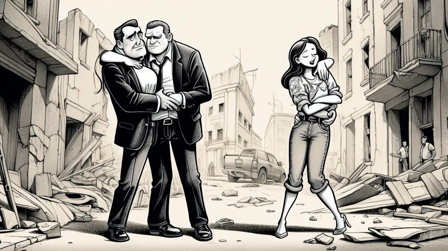 a cartoon of a rich man in black suit hugging a poor construction worker man in a jeans and shirt and his poor wife in torn clothes on the street