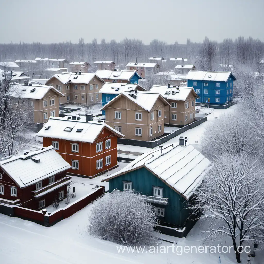 Коттеджный поселок московка много разных домов в снегопад