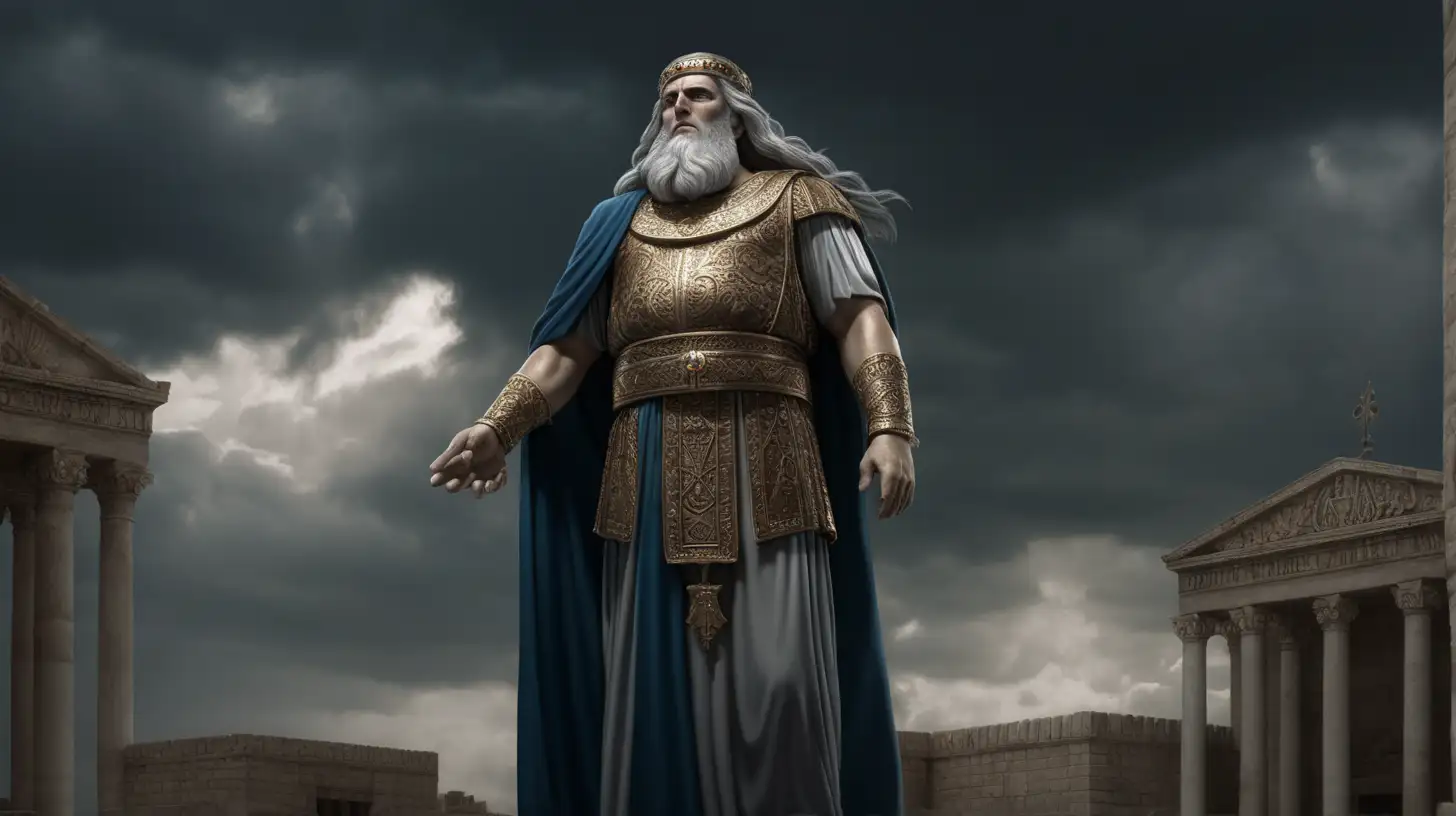 King Ahab, a significant figure in ancient Israel whose reign is marked by grave misdeeds and spiritual corruption. Married to Jezebel, a foreign princess 8k image, long hair, ancient biblical history, a palace behind, dark cloudy background
