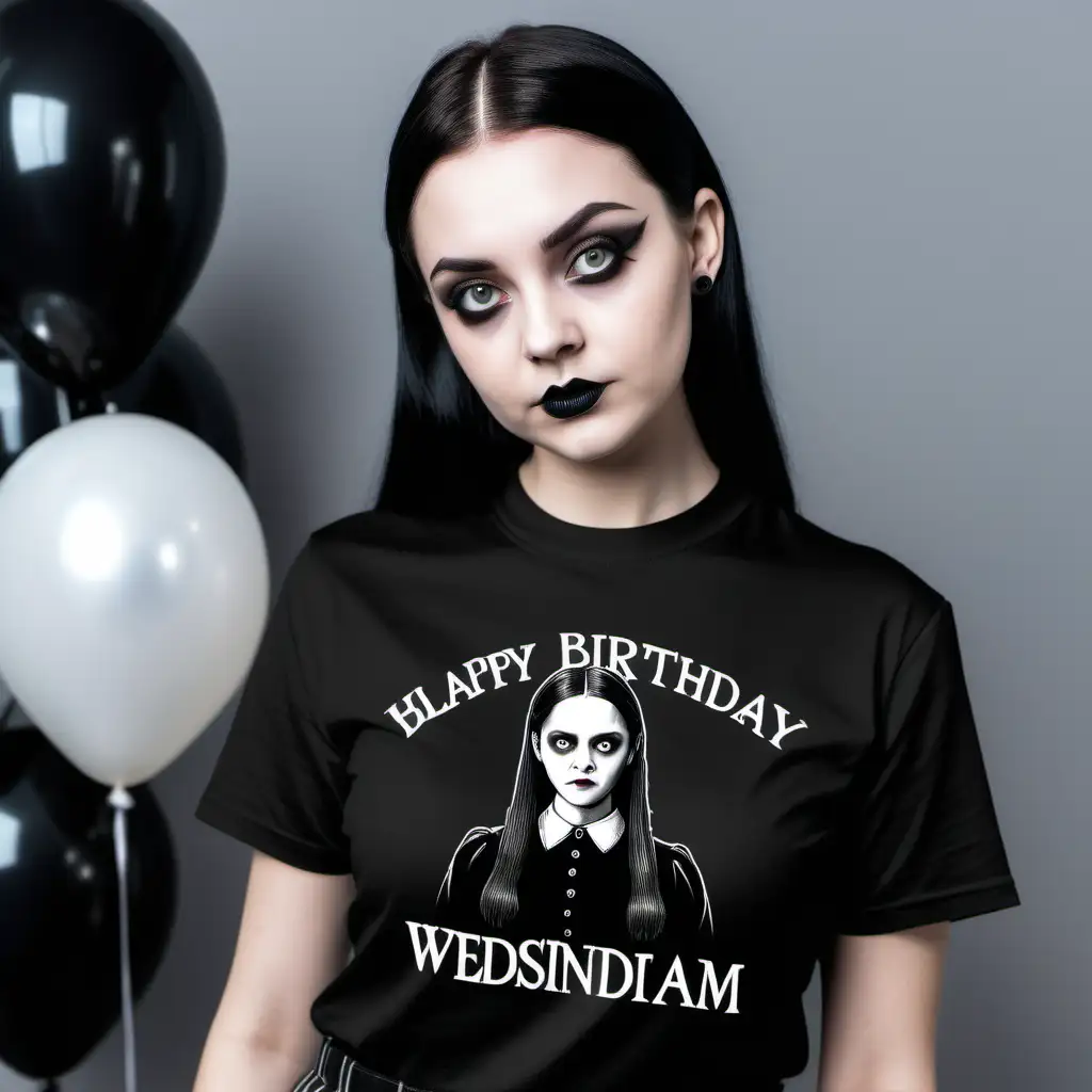 a tee mockup featuring a woman resembling wednesday addams wearing a black tee at a goth birthday party