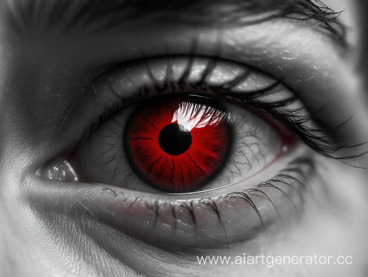 An eye of an Vampire in black and white with a red pupil. The eye should show a emotion that is a mix between the feeling to want more blood and the feeling to wish to stop everything