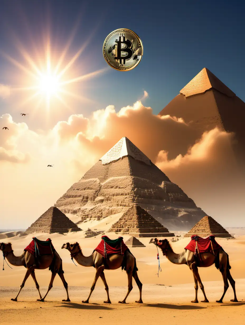 piramides do egito com camelos e um token bitcoin no ceu