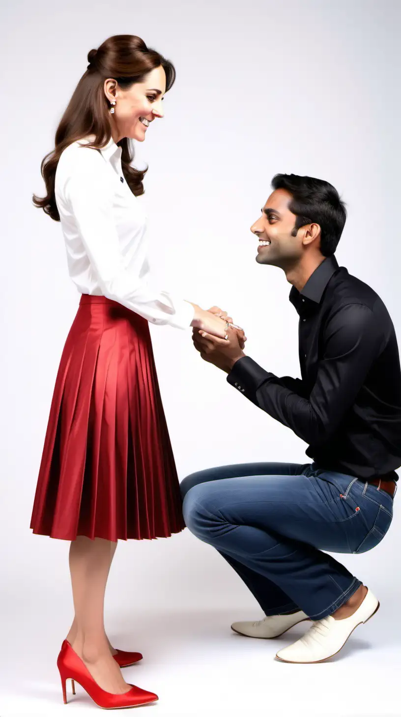 young Indian man, black cotton t-shirt and jeans proposes on one knee to ground to standing Kate Middleton, long sleeved ivory stretch silky satin shirt blouse and red pleated skirt and white pumps, in brightly white background wiew aside