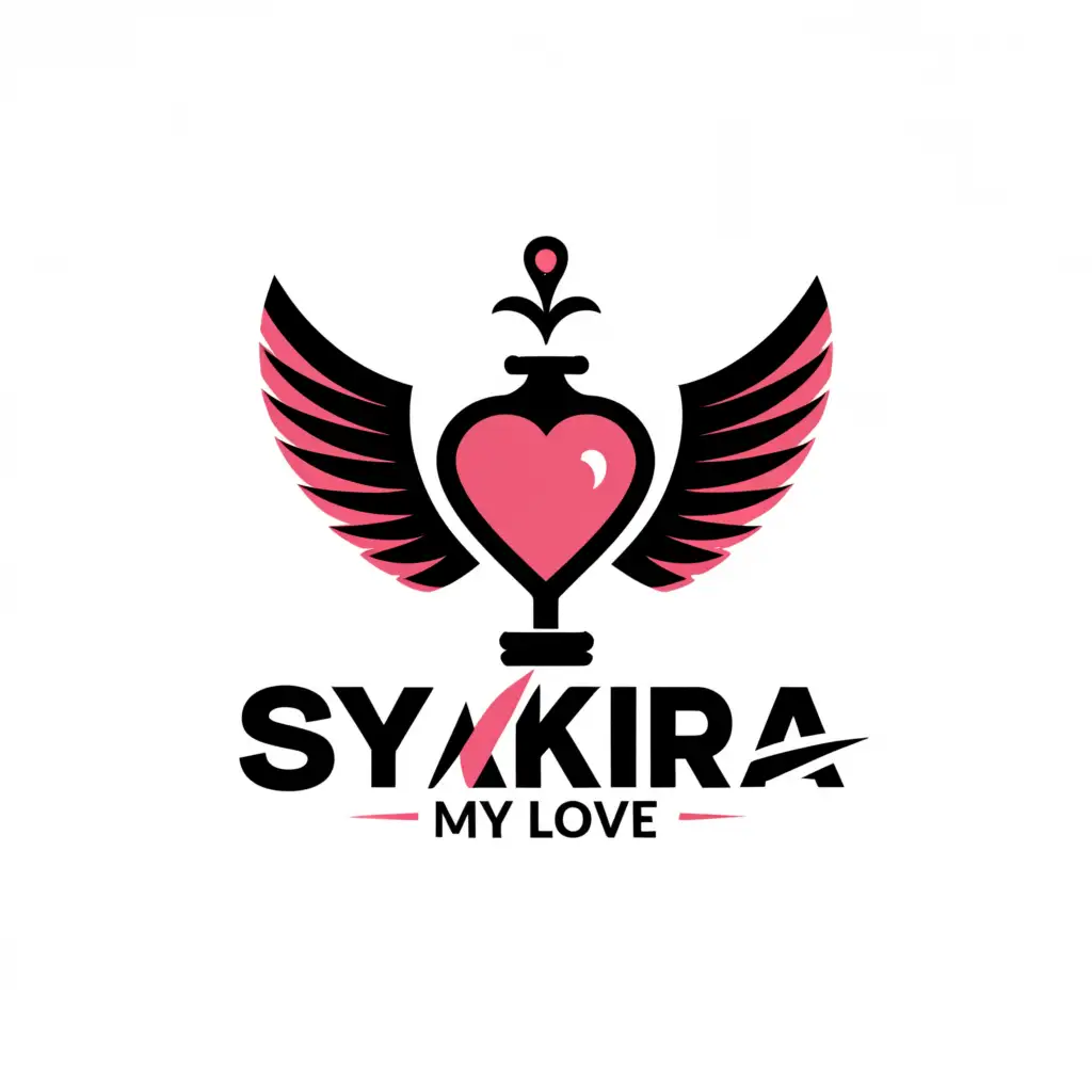a logo design,with the text "syakira", main symbol:Name: Beloved heart
Tagline: My love
Industry: Education
Design Style: Inspirational and Modern
Color: pink and black
Design Elements: heart, Lamp, and angel wings,Moderate,clear background