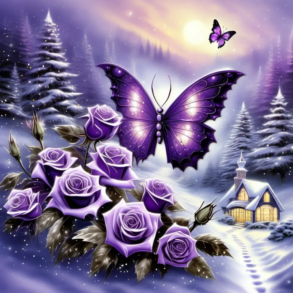 Purple cancer ribbon, wintery background, white and dark purple bi colored roses, beautiful delicate butterfly, glitter, glowing, glistening, transparent, sparklecore Thomas Kinkade 
