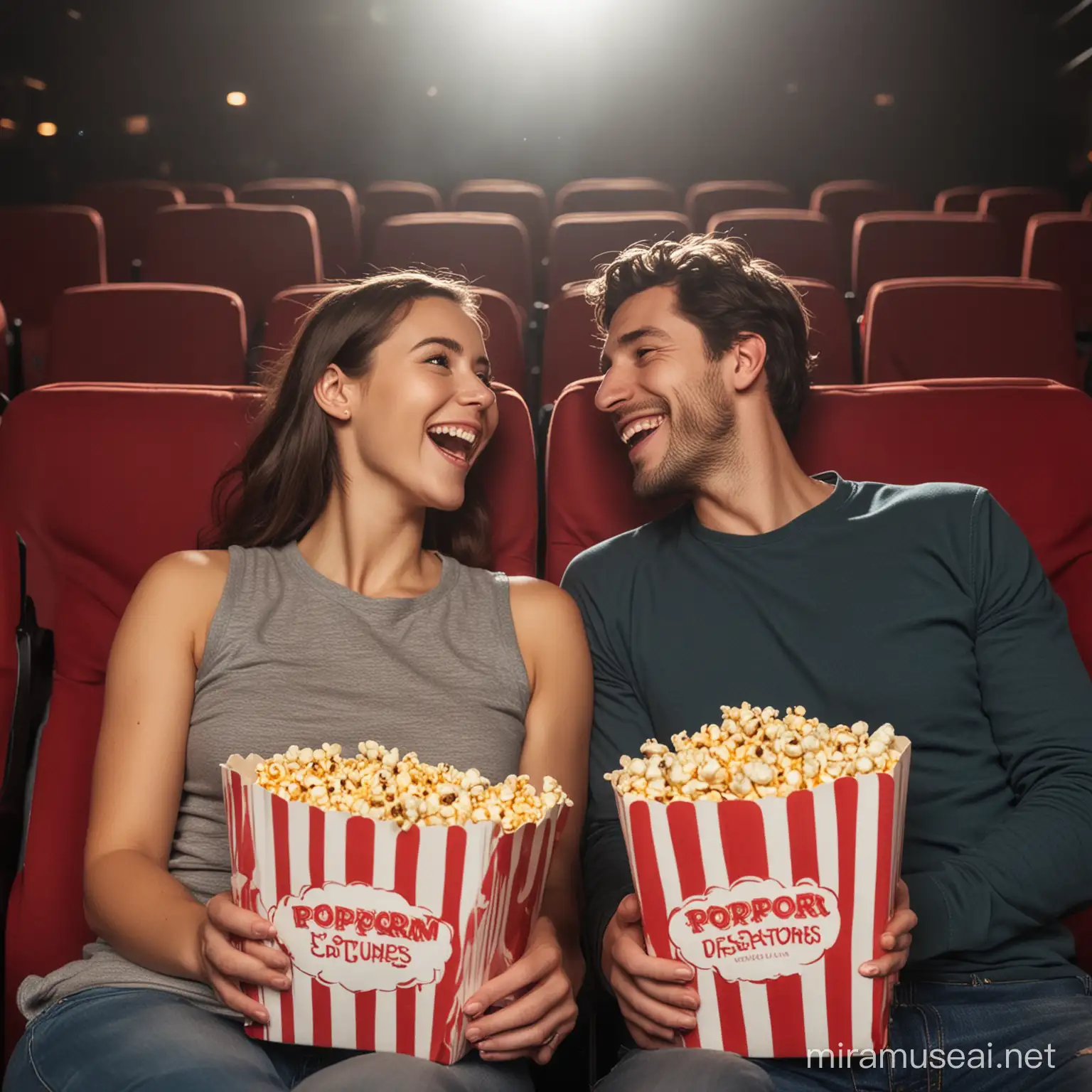 счастливая пара людей вдвоем сидит в кино с попкорном

